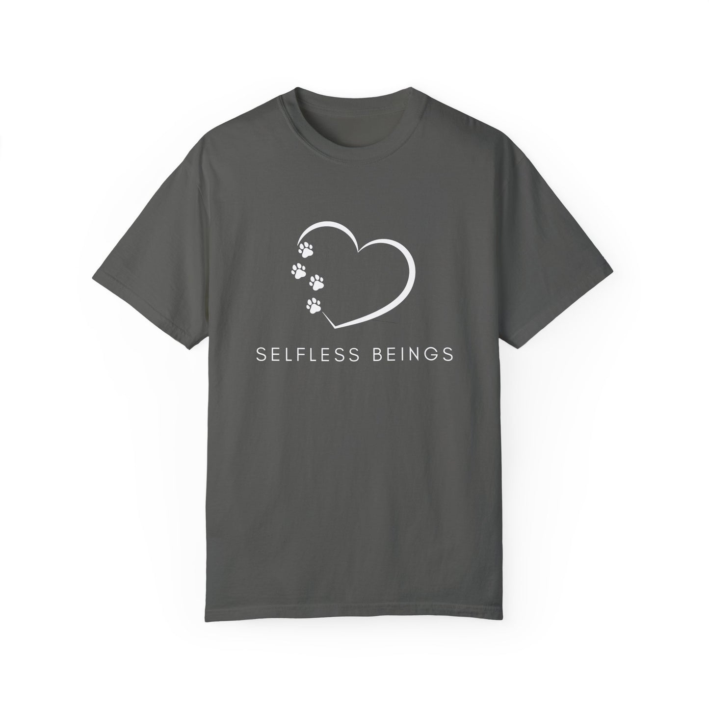 Unisex Dog Lover T-Shirt With White Tilted Heart Whose One Side is Made With Dog Paw Prints and Caption Selfless Beings