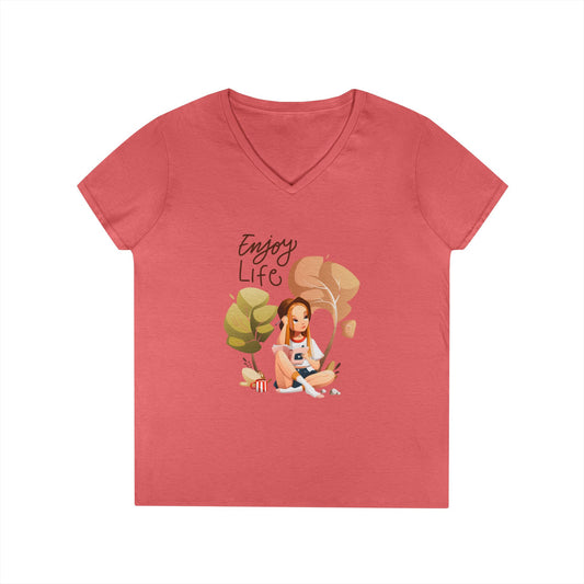 Enjoy Life Ladies' V-Neck T-Shirt Featuring a Cute Girl Writing Diary Outdoor | Casual Wear, Gift for Her, Everyday Fashion, Relaxed Style, Inspirational Tee