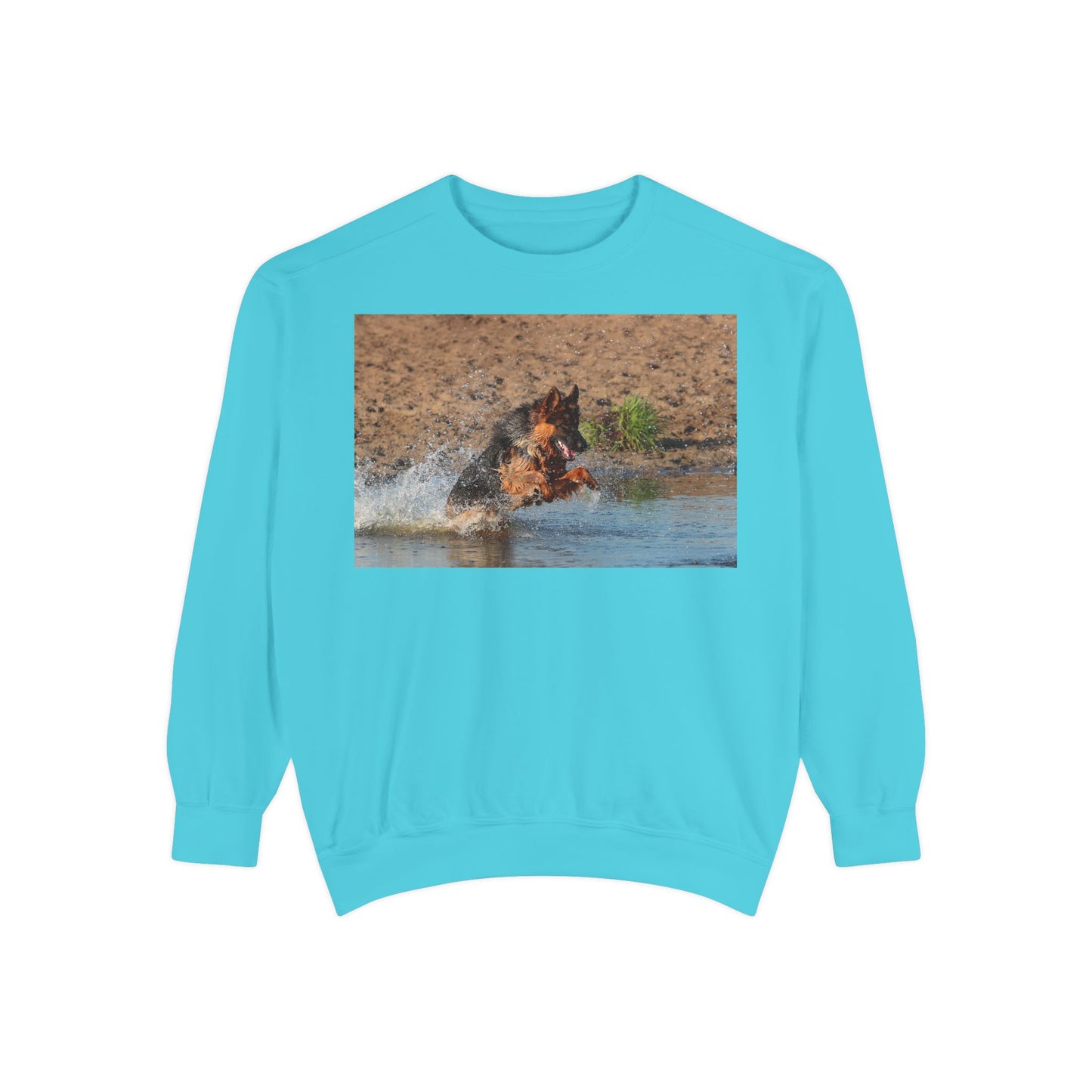 Unisex Dog Lover Sweatshirt With a Long Coat German Shepherd Jumps in the River