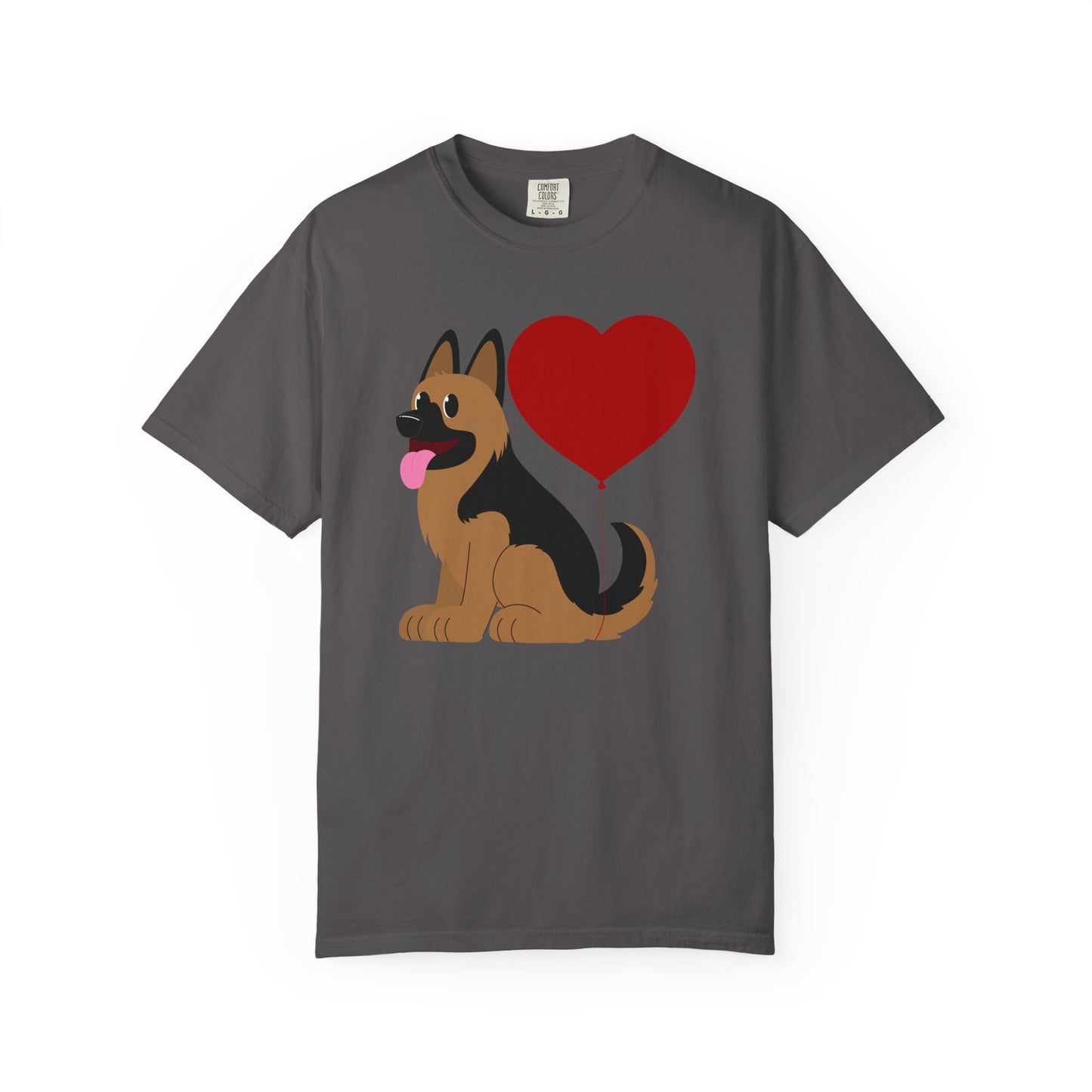 Unisex Dog Lover T-Shirt With a Graphic of German Shepherd Puppy and Heart Shaped Balloon Attached With Tail