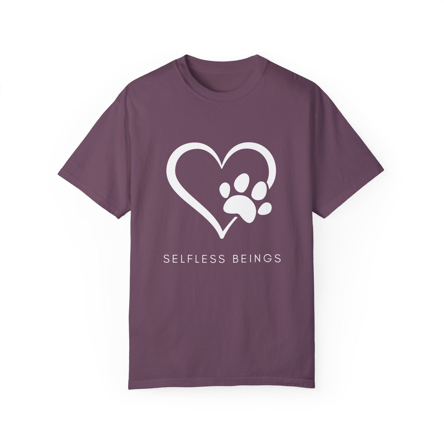 Unisex Dog Lover T-Shirt With Graphic of Heart Whose Right Side Contains Dog Paw's Print and Caption Selfless Beings