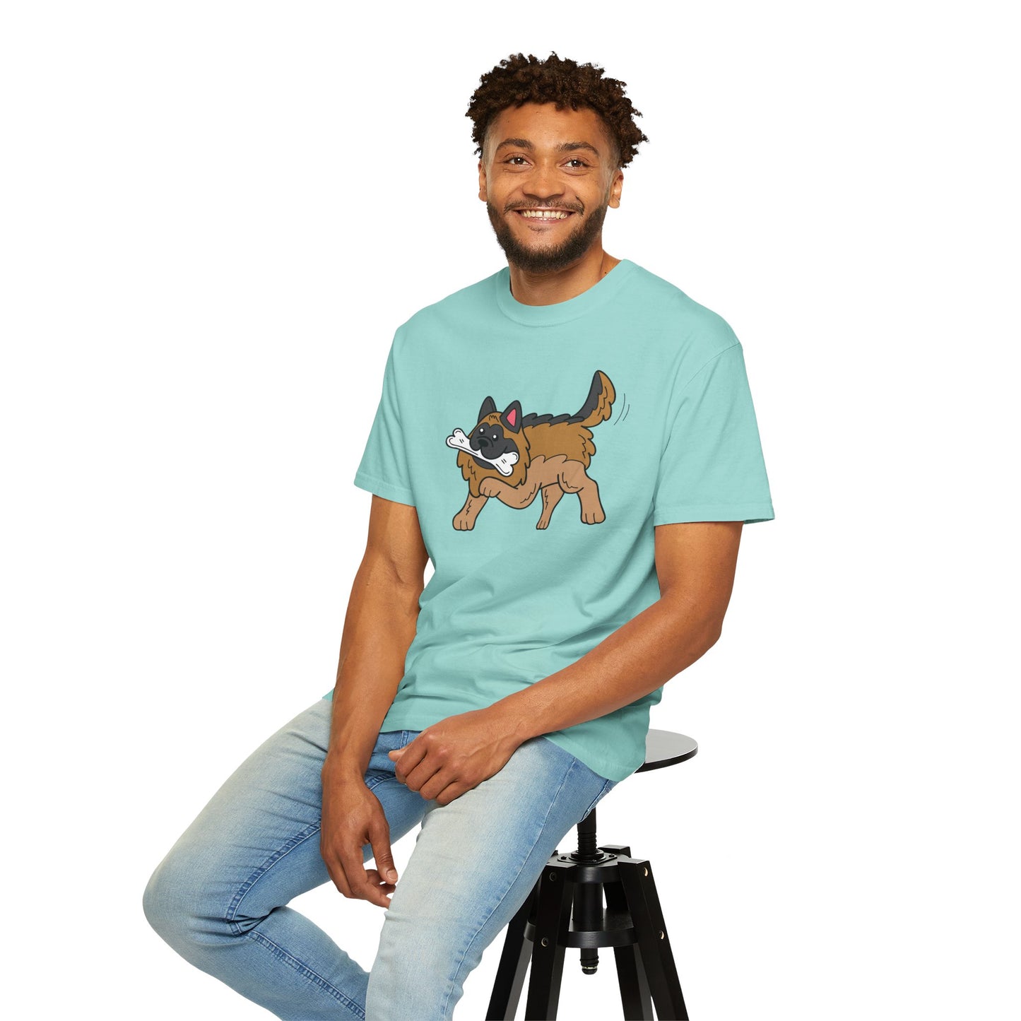 Unisex Dog Lover T-Shirt With a Graphic of a German Shepherd Holding a White Bone in Mouth