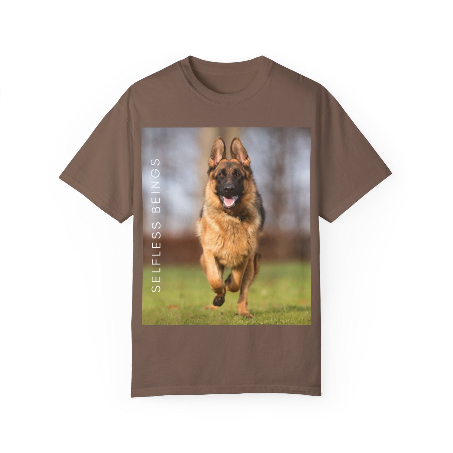 Unisex Dog Lover T-Shirt With Large German Shepherd Running on the Grass and Caption Selfless Beings
