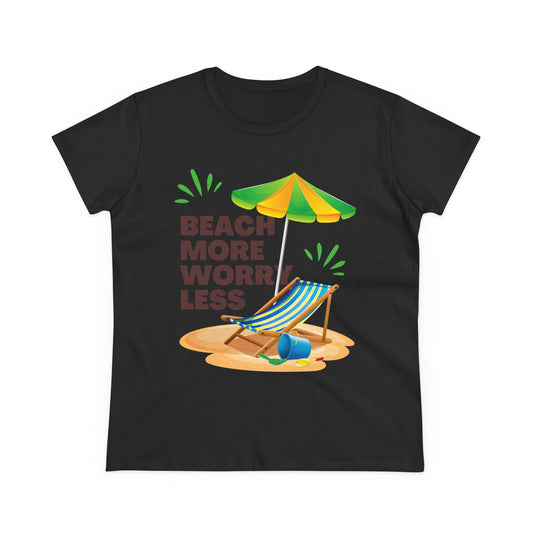 Women's Beach Vibes Cotton Tee - Beach More Worry Less, Summer T-Shirt, Vacation Top, Fun Gift for Beach Lovers, Cozy Casual Wear