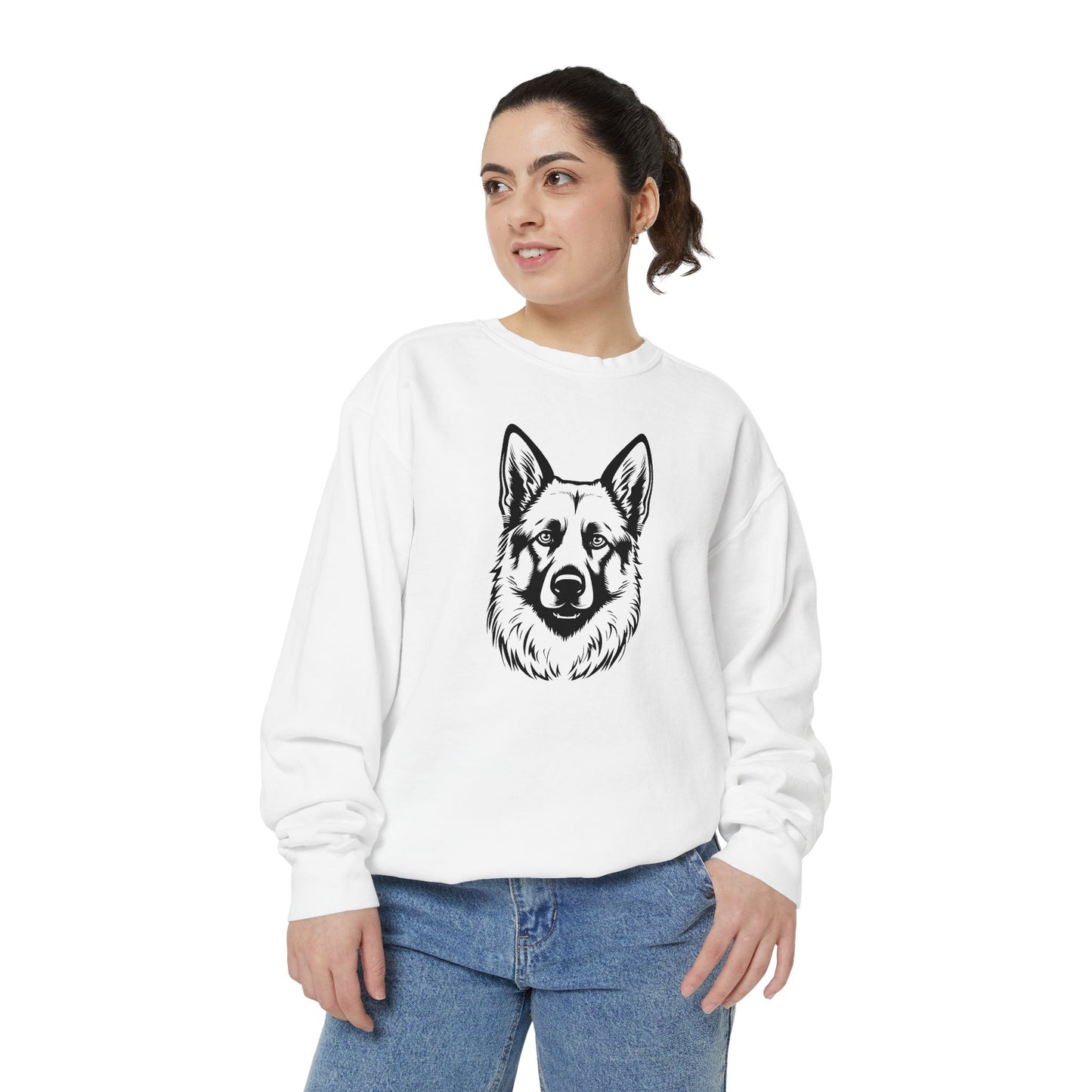 Unisex Dog Lover Sweatshirt With a Close Up Graphic of Black and Transparent German Shepherd