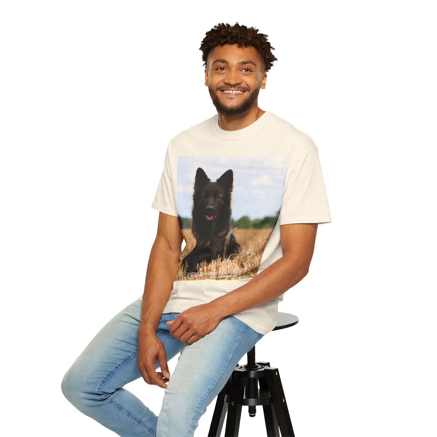 Unisex Dog Lover T-Shirt With Beautiful German Shepherd Sitting Over a Stover and Caption Selfless Beings