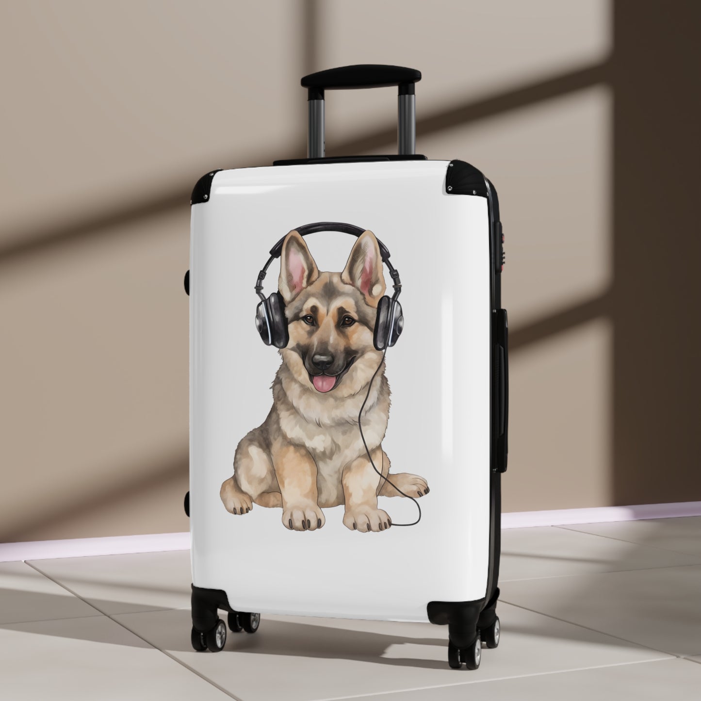 Travel Suitcase Featuring Graphic of German Shepherd Wearing Headphones Enjoying Music