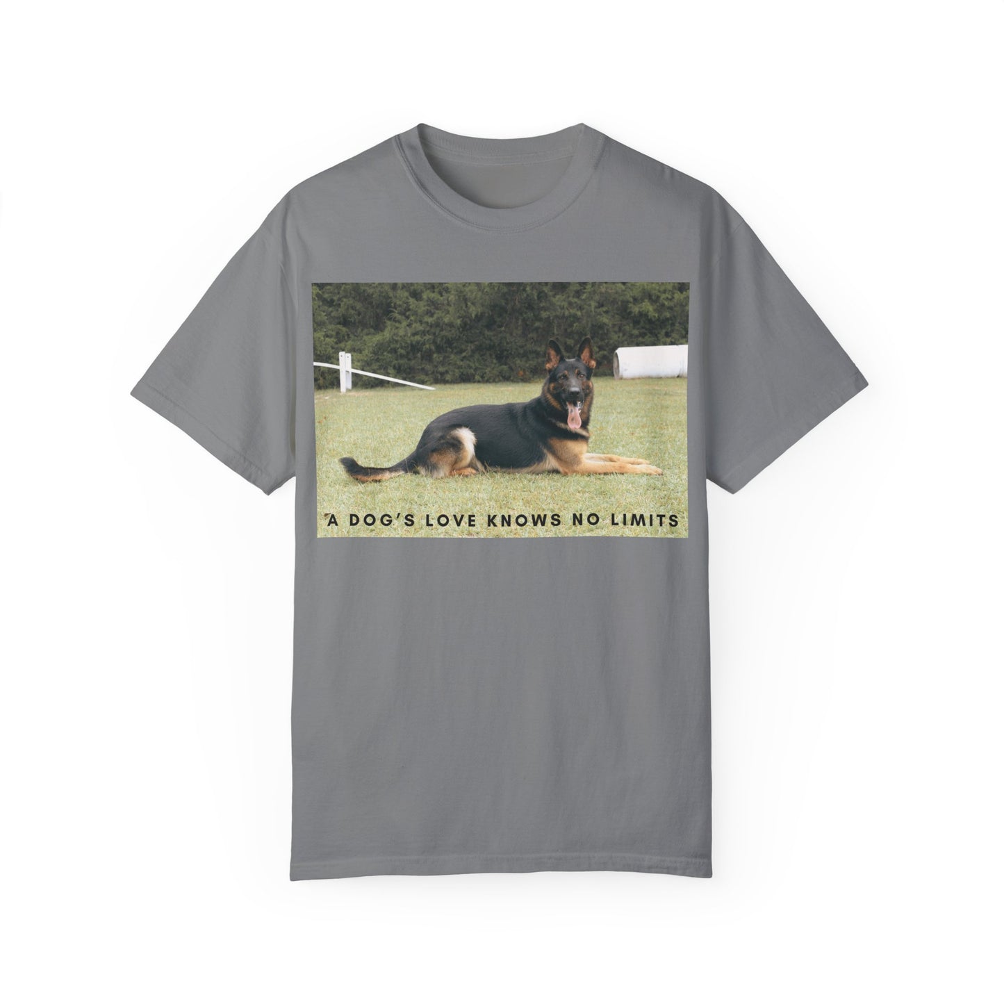 Unisex Dog Lover T-Shirt With a Giant German Shepherd Resting On the Grass Leaving Tongue Out and Text A Dog's Love Knows