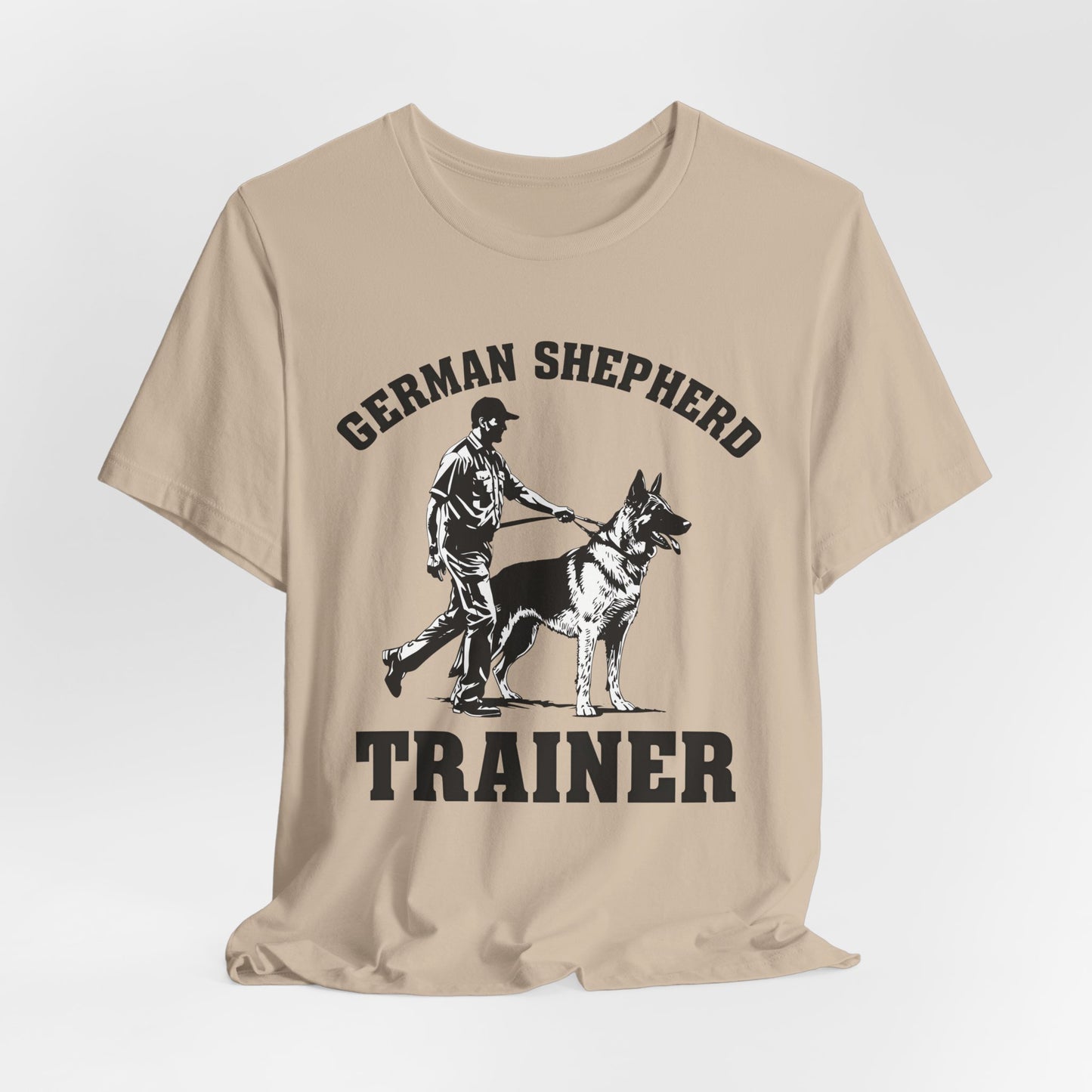 German Shepherd Trainer Tee - Black and White Design of Man Holding a German Shepherd