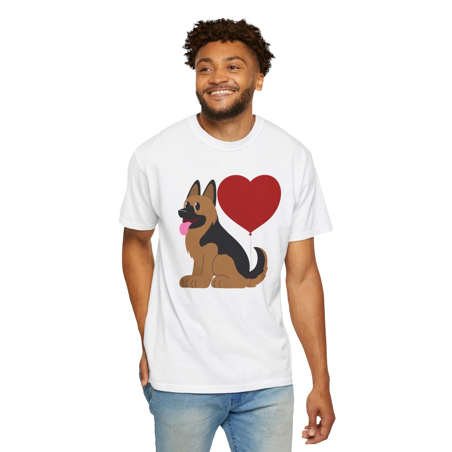 Unisex Dog Lover T-Shirt With a Graphic of German Shepherd Puppy and Heart Shaped Balloon Attached With Tail