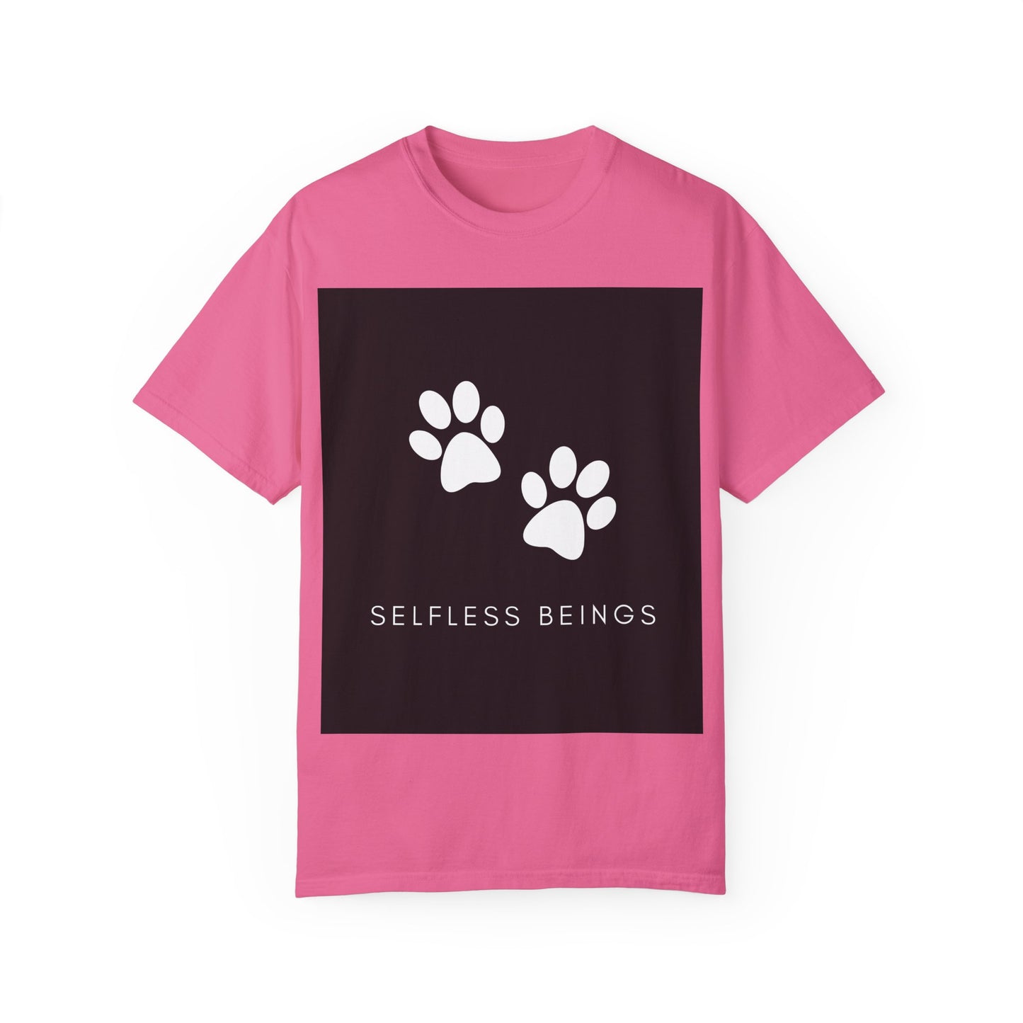 Unisex Dog Lover T-Shirt With White Dog Paw Prints and Caption Selfless Beings