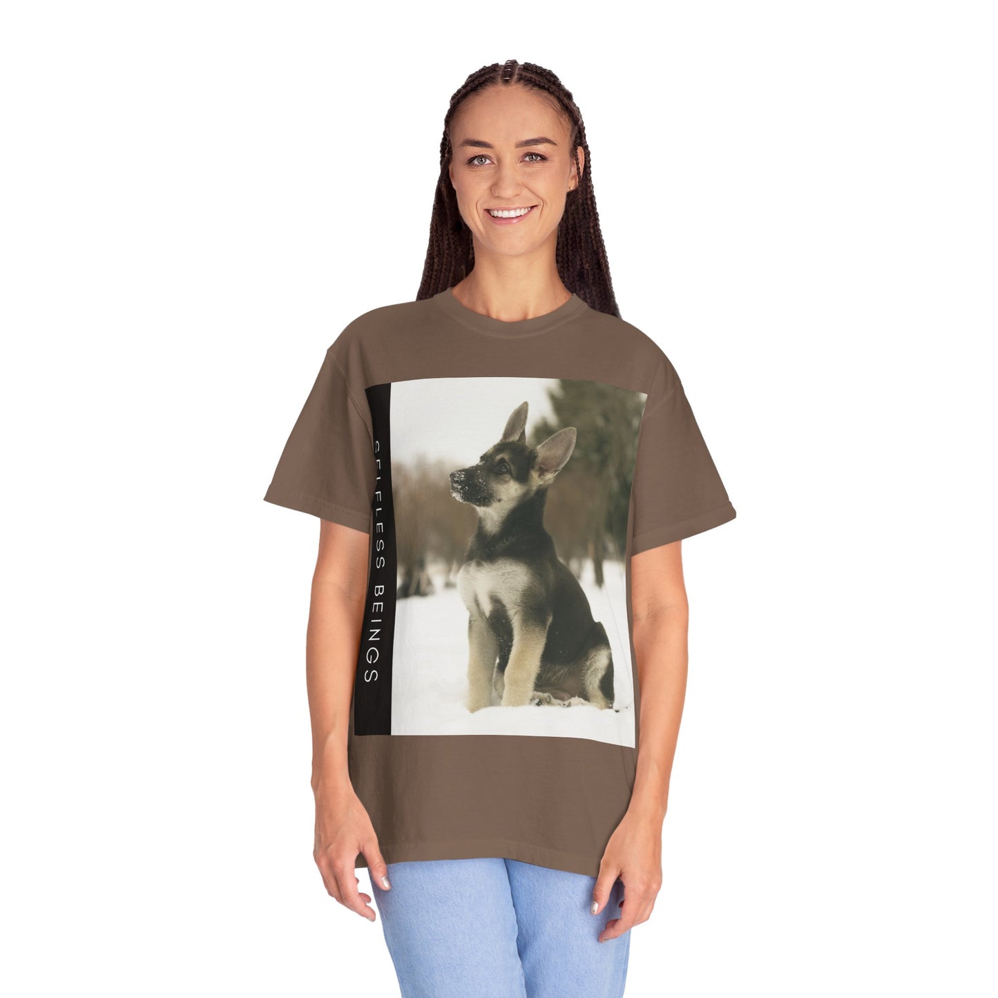 Unisex Dog Lover T-Shirt With a German Shepherd Puppy Sloppily Sitting on the Snow and Caption Selfless Beings