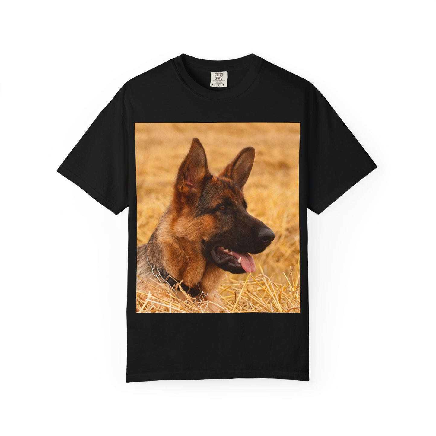 Unisex Dog Lovers T-Shirt Featuring German Shepherd Resting on the Dry Grass