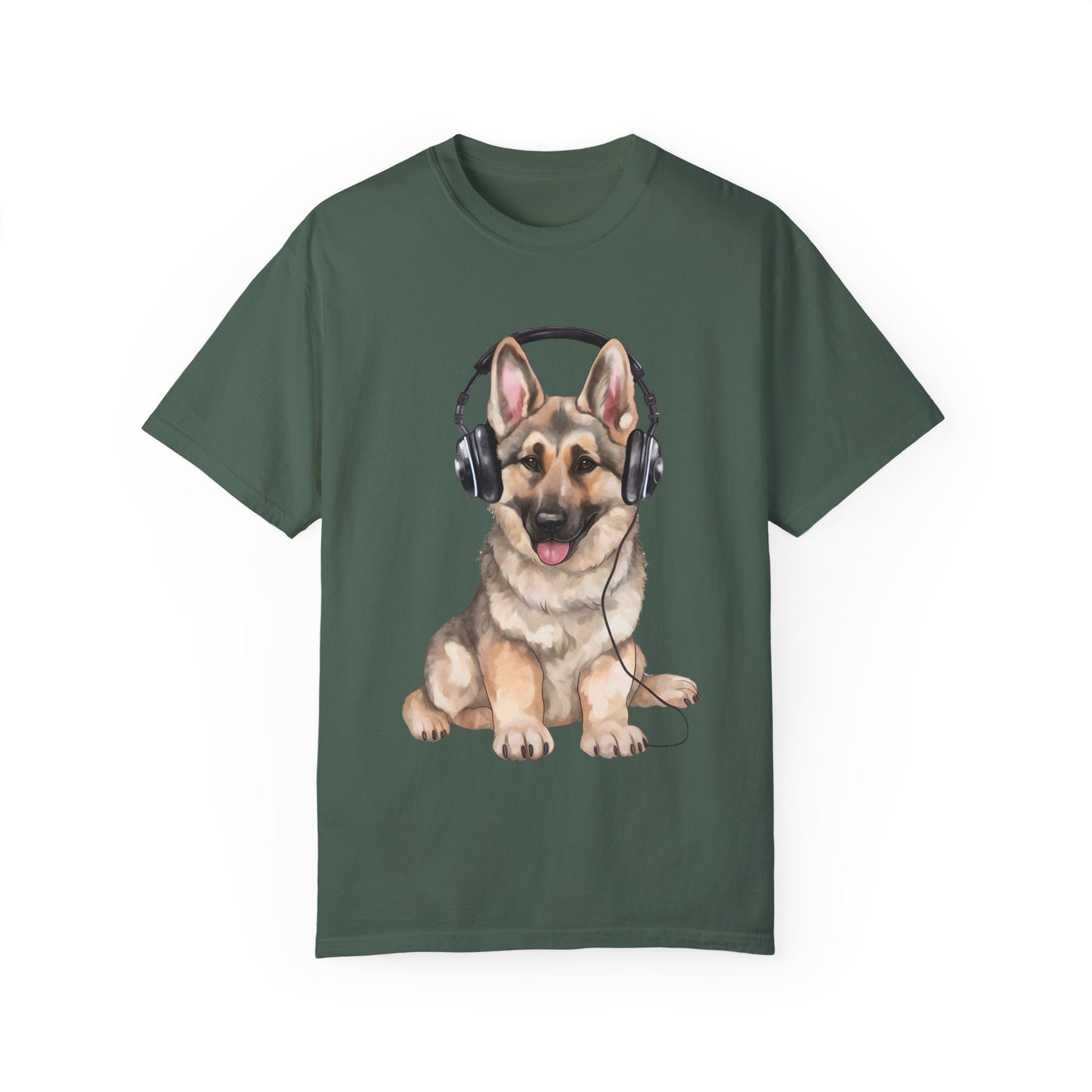 Unisex Dog Lover T-Shirt With a Graphic of German Shepherd Wearing Headphones Enjoying Music