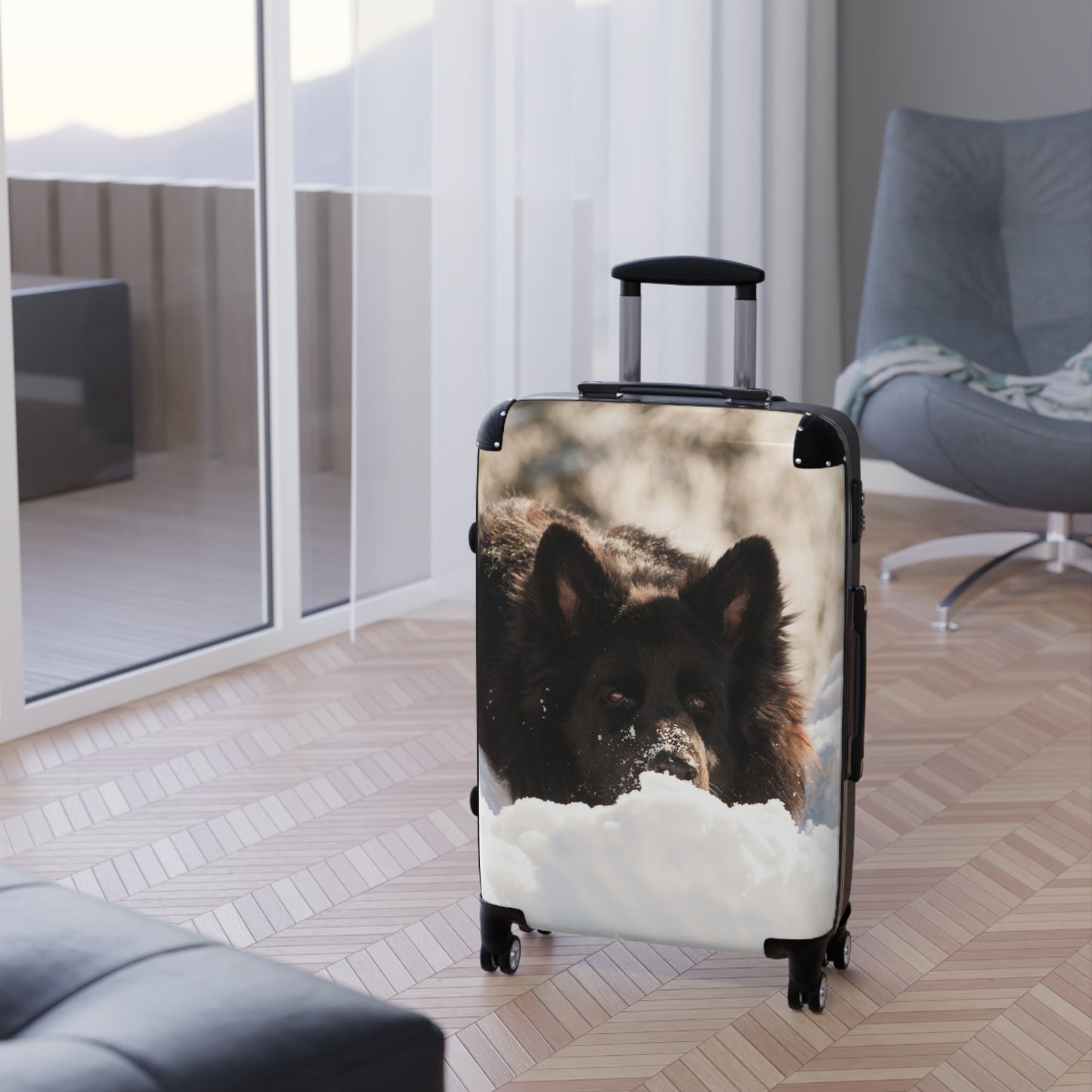 Winter Wonderland Dog Suitcase - A Giant Black German Shepherd Resting on the Snow