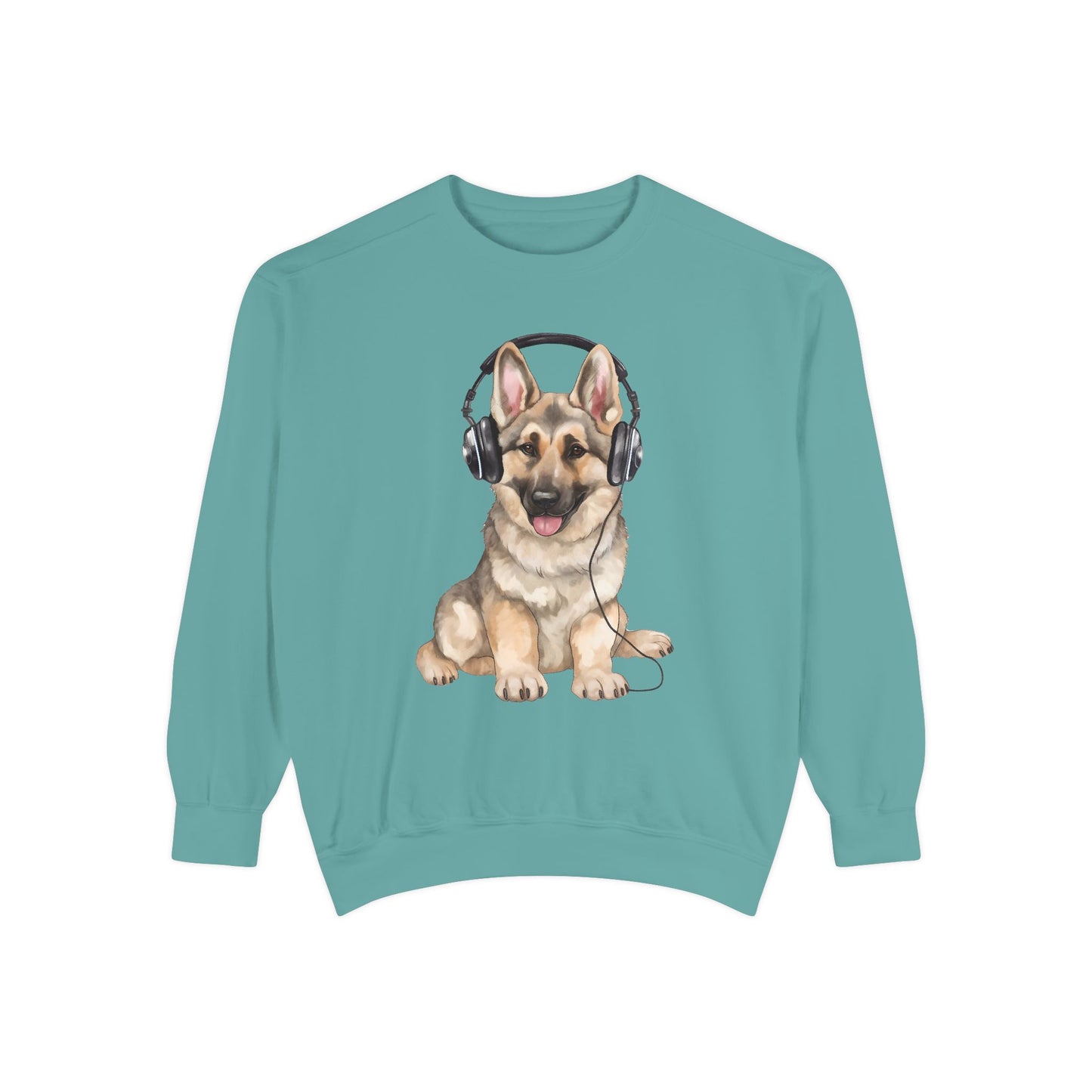 Unisex Dog Lover Sweatshirt With a German Shepherd Wearing Headphones Enjoying Music