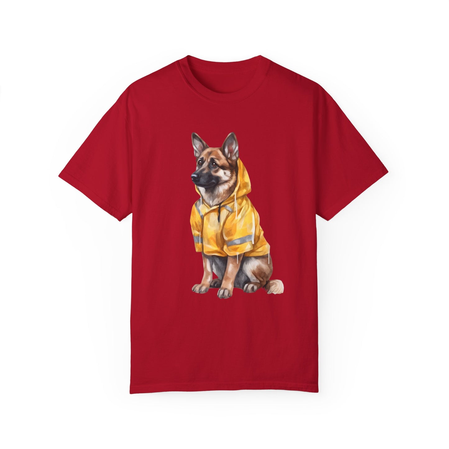 Unisex Dog Lover T-Shirt With a Graphic of German Shepherd Wearing a Yellow Rain Coat
