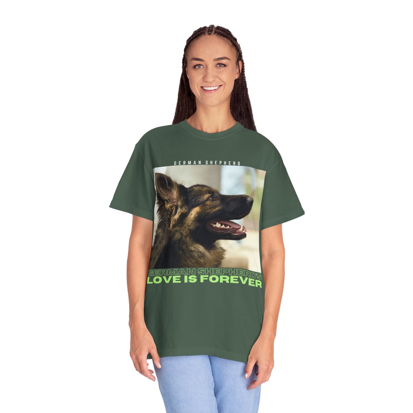 Unisex T-Shirt With Close Up Face of Working Line German Shepherd Mouth Opened and Quote A GSDs Love is Forever