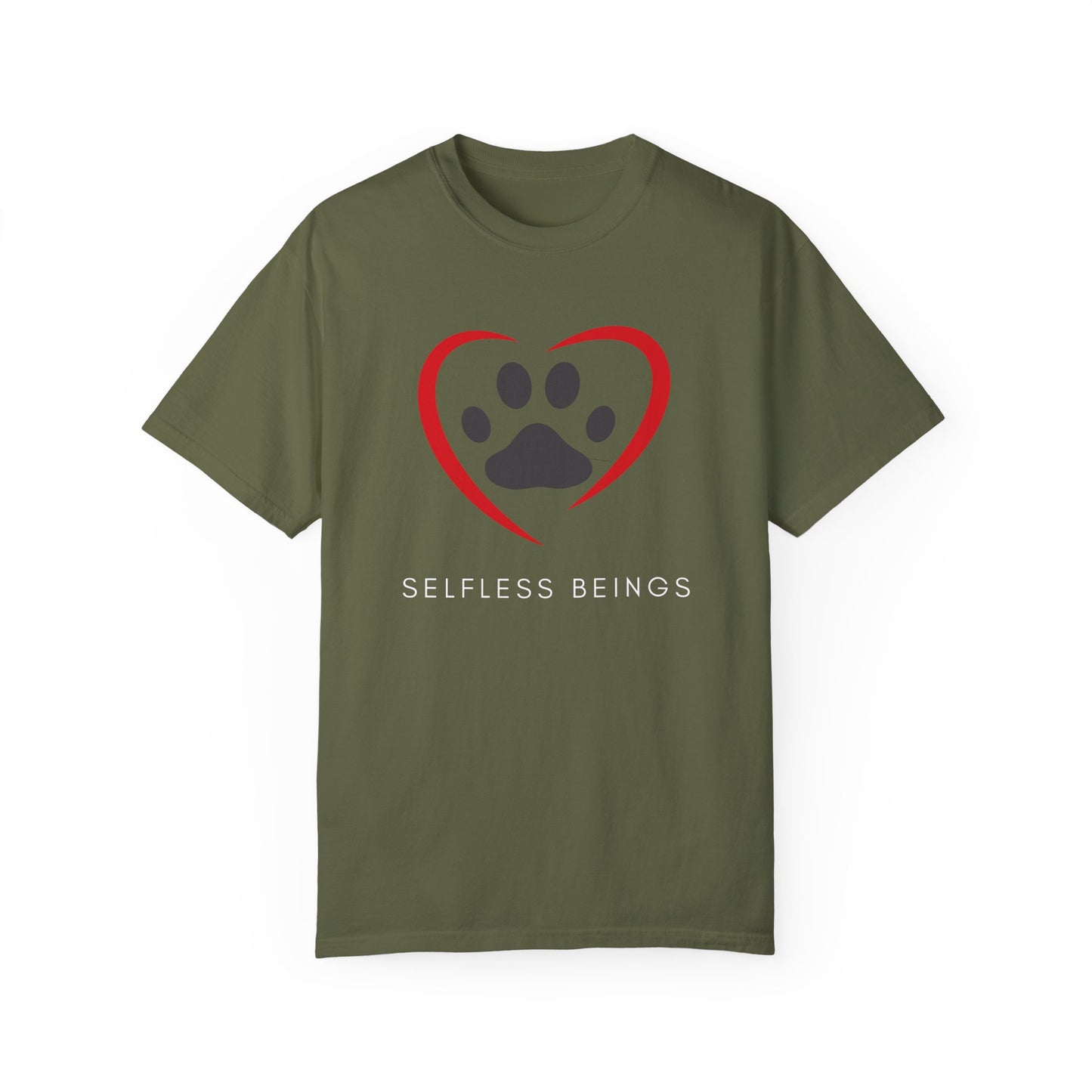 Unisex Dog Lover T-Shirt With Graphic of Curvy Heart Boundaries Contain Dog Paw Print and Caption Selfless Beings Below