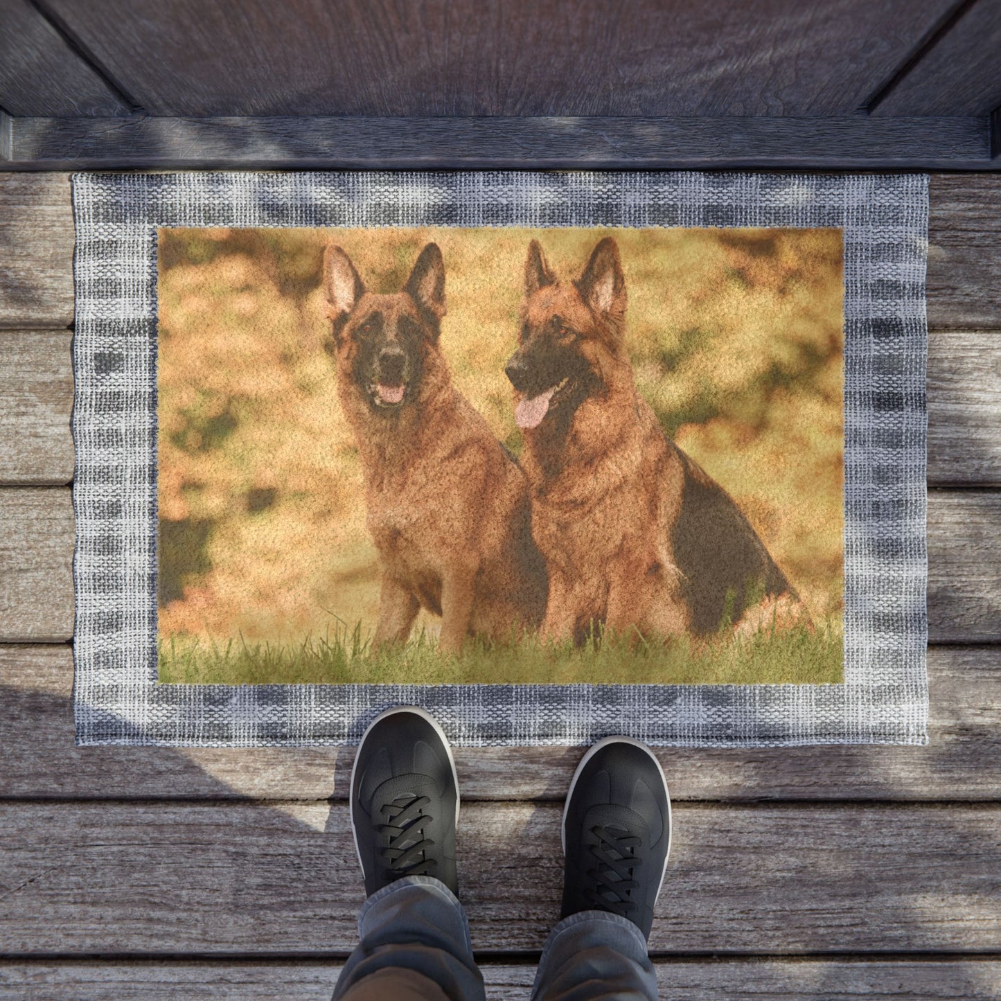 Dog Lover's Doormat Featuring Two German Shepherds Sitting on the Grass
