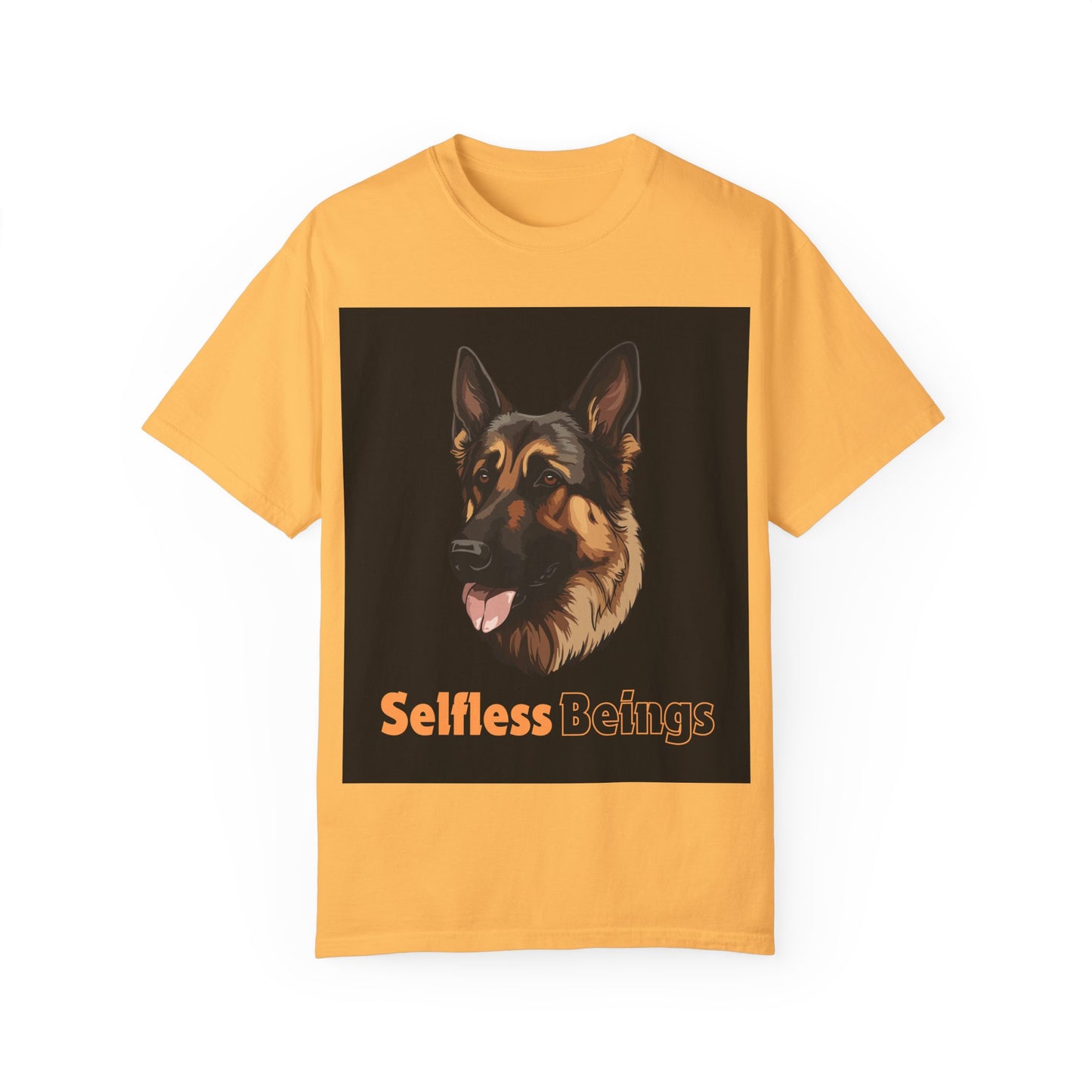 Unisex Dog Lover T-Shirt With Close Up Graphic of German Shepherd and Caption Selfless Beings is Written with Text Effect in Light Orange