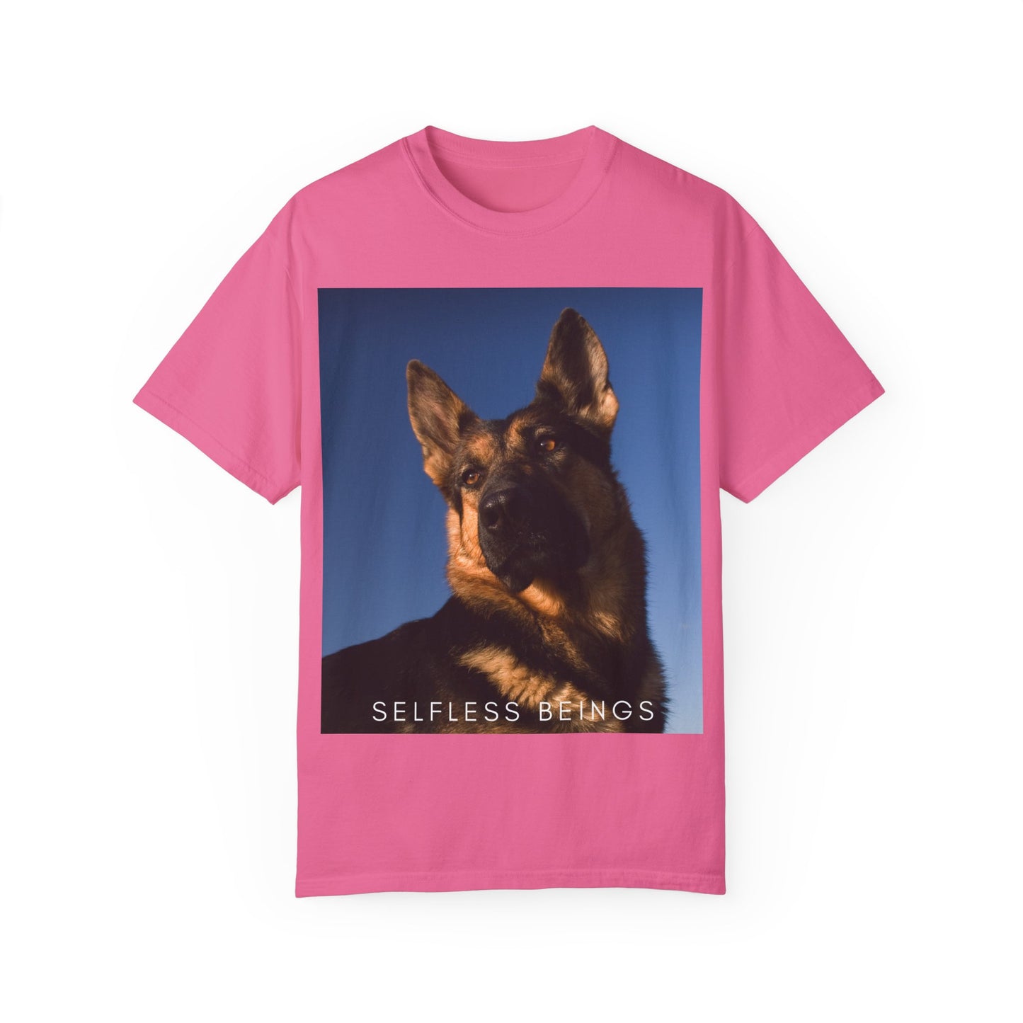 Unisex Dog Lover T-shirt With Close Up Portrait of Giant German Shepherd Turning His Head and Caption Selfless Beings