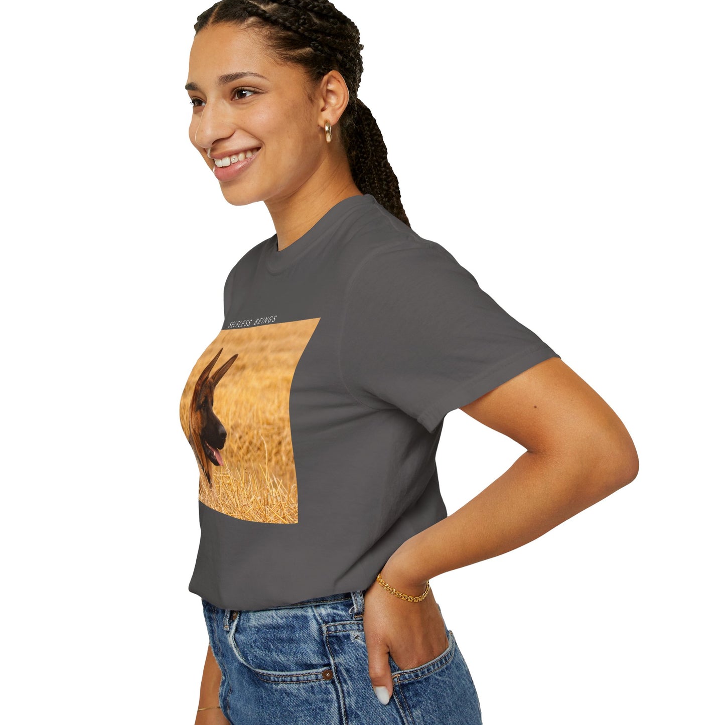 Unisex Dog Lover T-Shirt With a German Shepherd Relaxing on the Long Dry Grass and Caption Selfless Beings