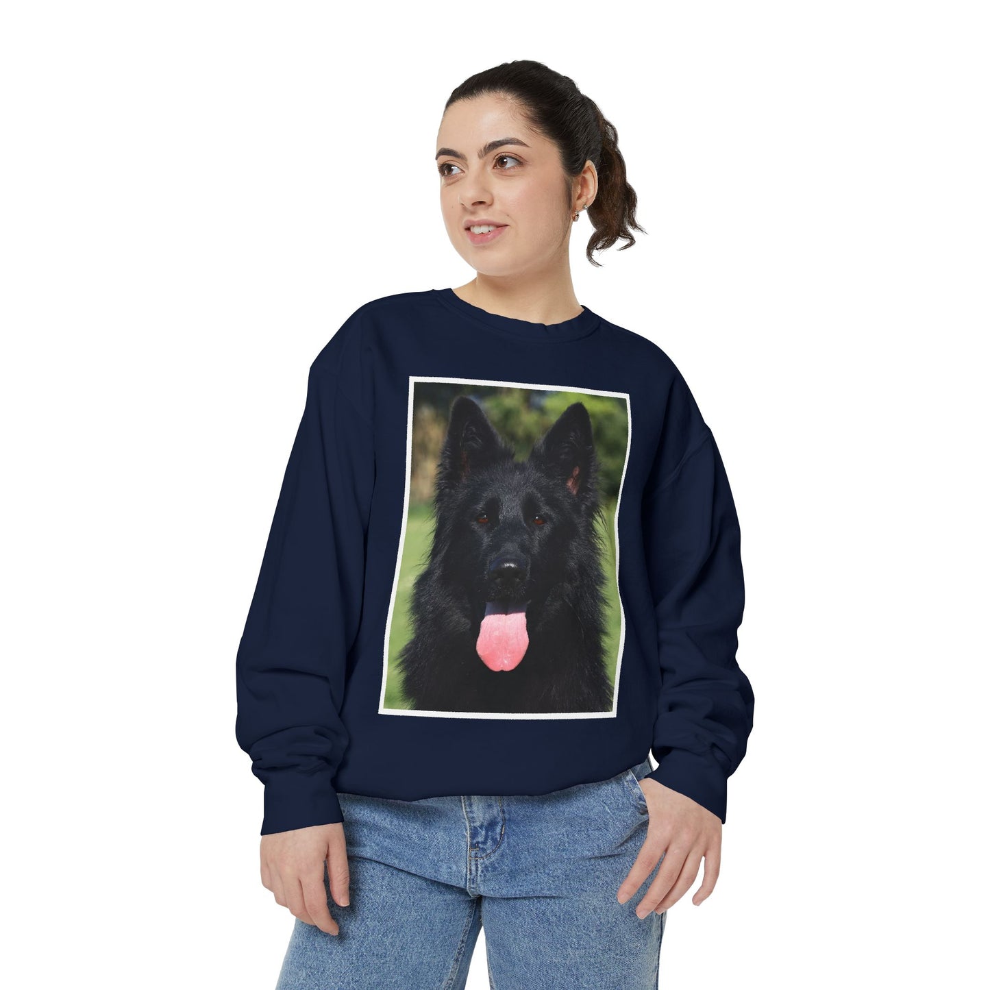 Unisex Dog Lover Sweatshirt With a Close Up of Solid Black German Shepherd Leaving Hanging Tongue