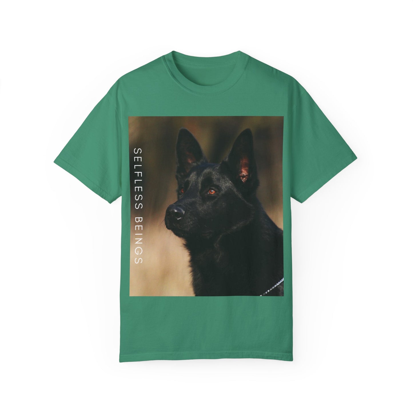 Unisex Dog Lover T-Shirt With Close Up of Serious Looking Solid Black German Shepherd and Caption Selfless Beings