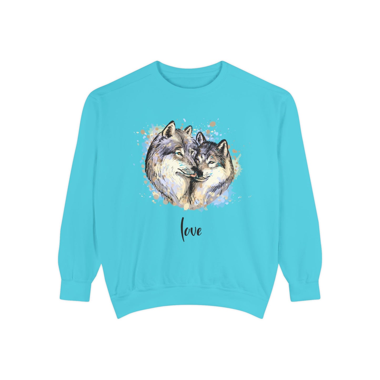 Unisex Valentine's Day Sweatshirt With a Male and Female Grey Wolves Together and Caption Love