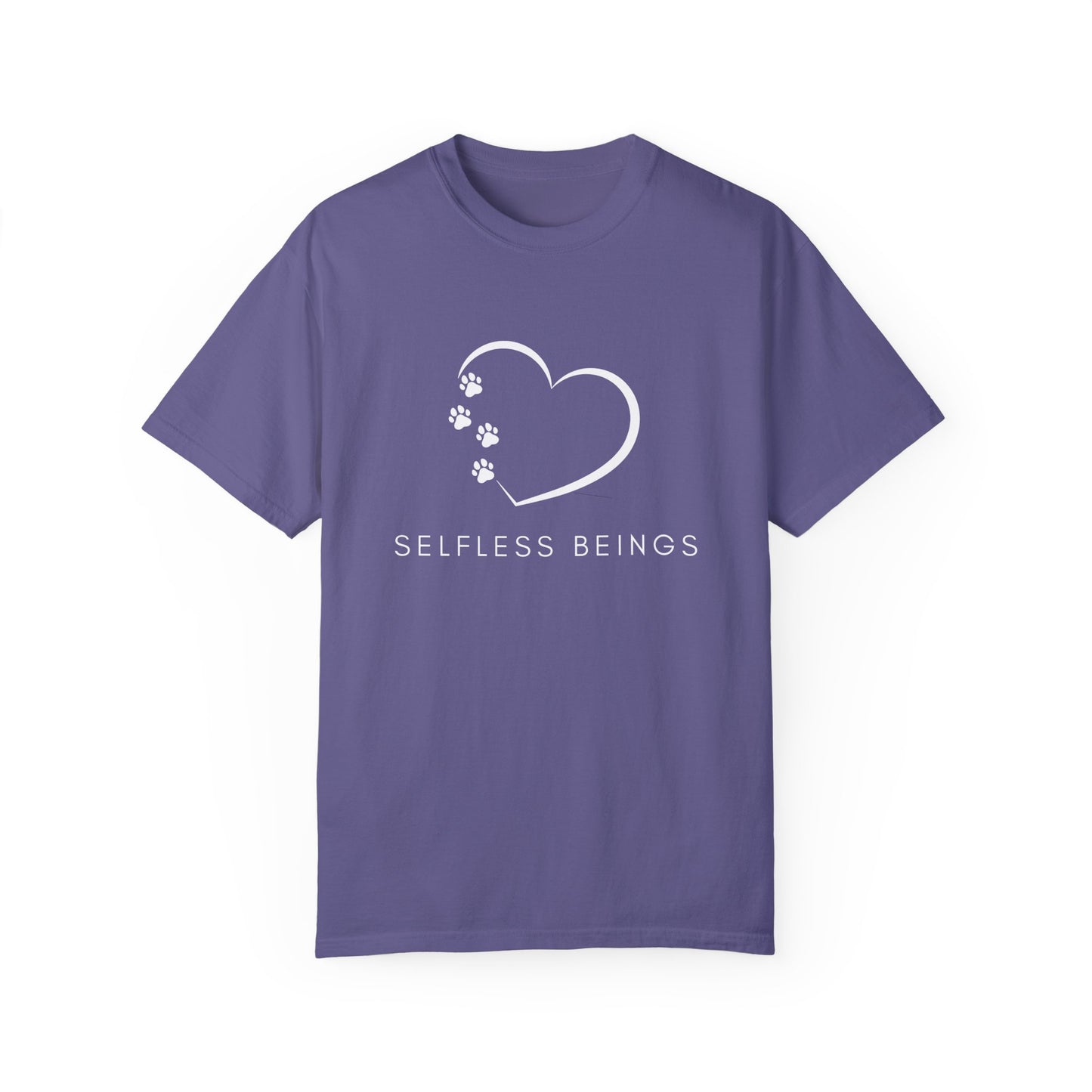 Unisex Dog Lover T-Shirt With White Tilted Heart Whose One Side is Made With Dog Paw Prints and Caption Selfless Beings