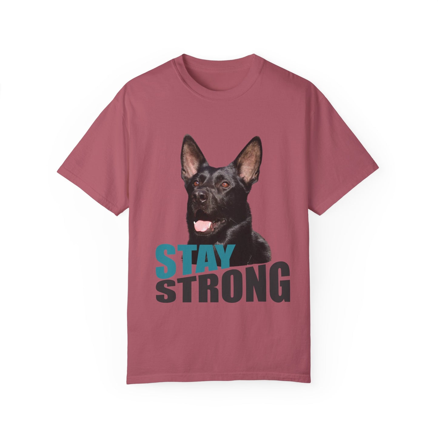 Unisex Dog Lover T-Shirt With Solid Black Working Line German Shepherd Mouth Opened and Caption Stay Strong