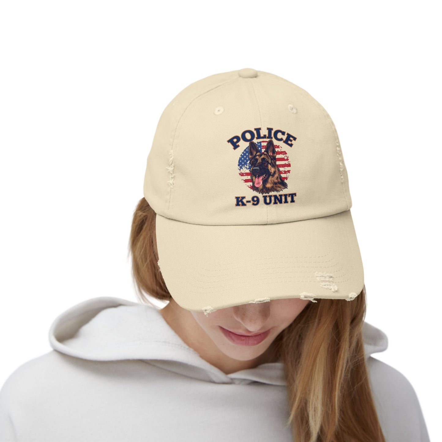 Patriotic Police K-9 Unit Cap Featuring German Shepherd, Vintage Distressed Style Hat