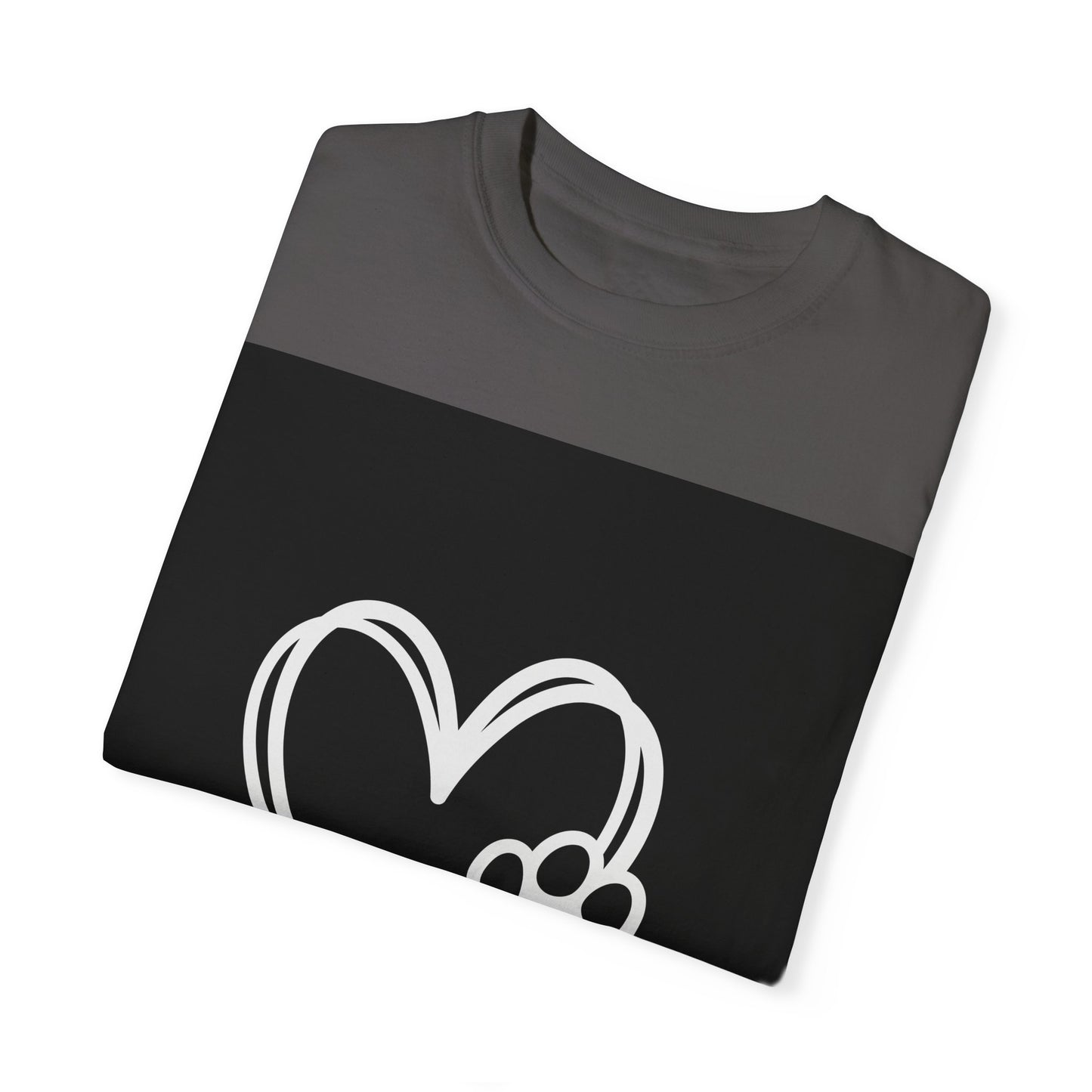 Unisex Dog Lover T-Shirt With White Heart and Dog's Paw Print on Right Side and Caption Selfless Beings