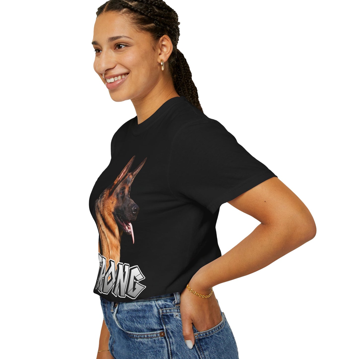 Unisex T-Shirt With German Shepherd Leaving Tongue Out Standing for a Pose and Text STRONG