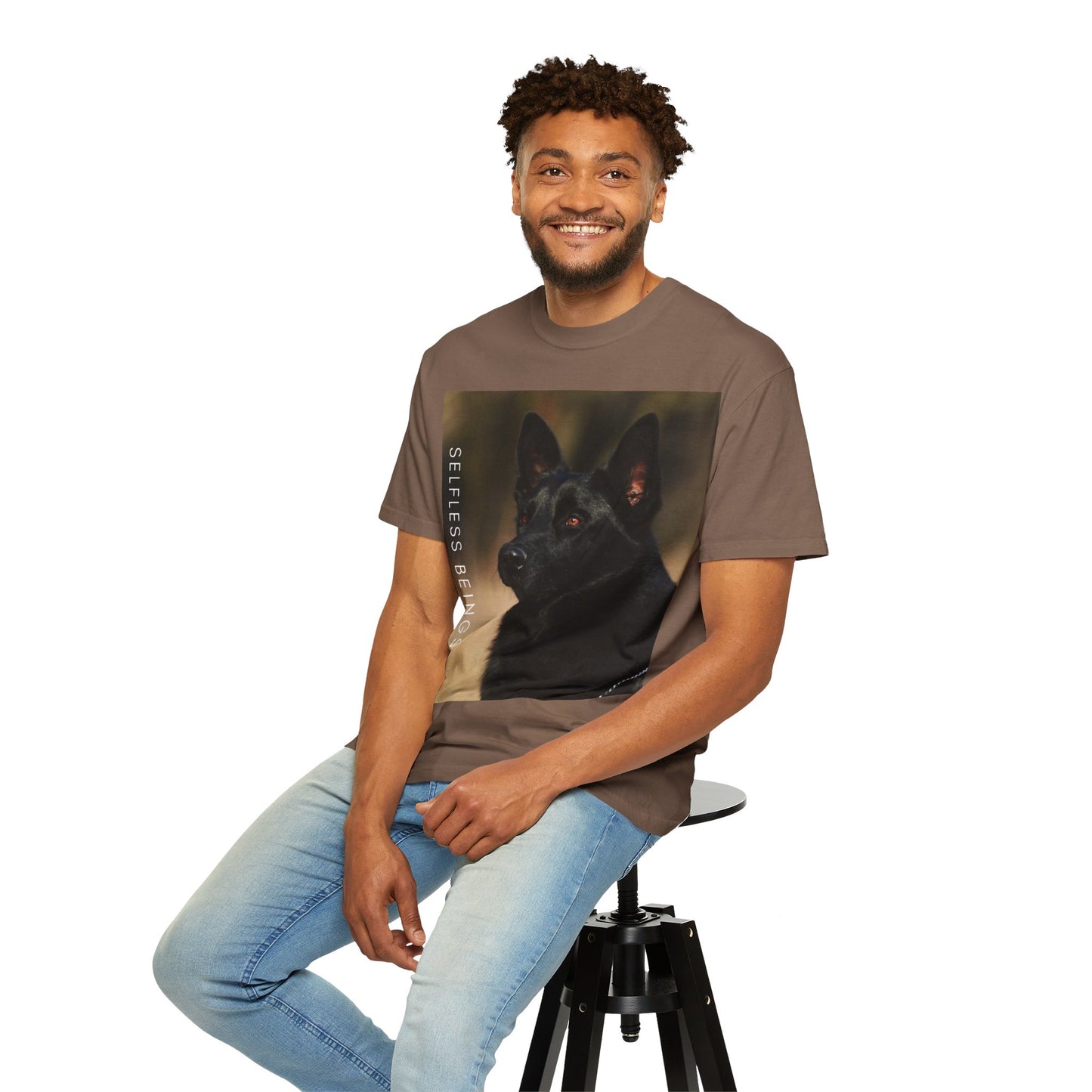 Unisex Dog Lover T-Shirt With Close Up of Serious Looking Solid Black German Shepherd and Caption Selfless Beings