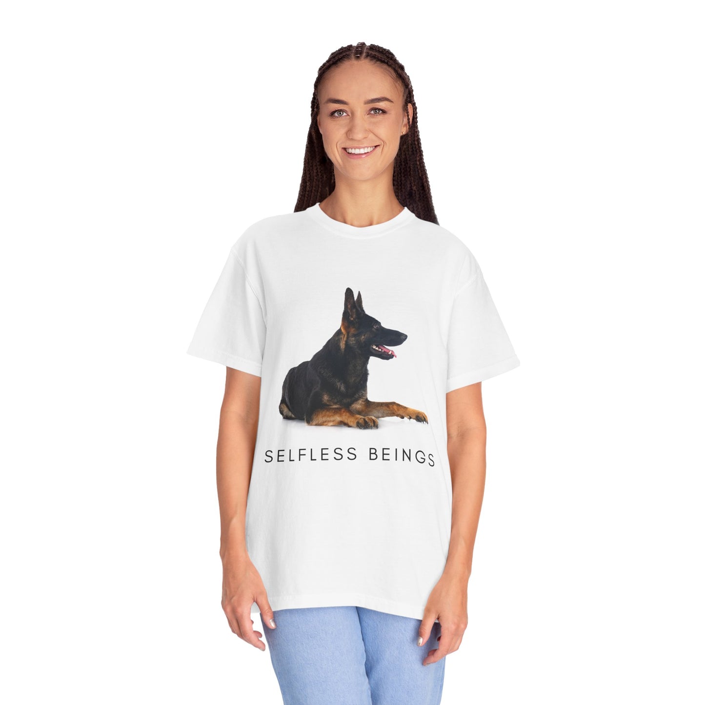 Unisex Dog Lover T-Shirt With a German Shepherd Sitting for a Pose and Caption Selfless Beings