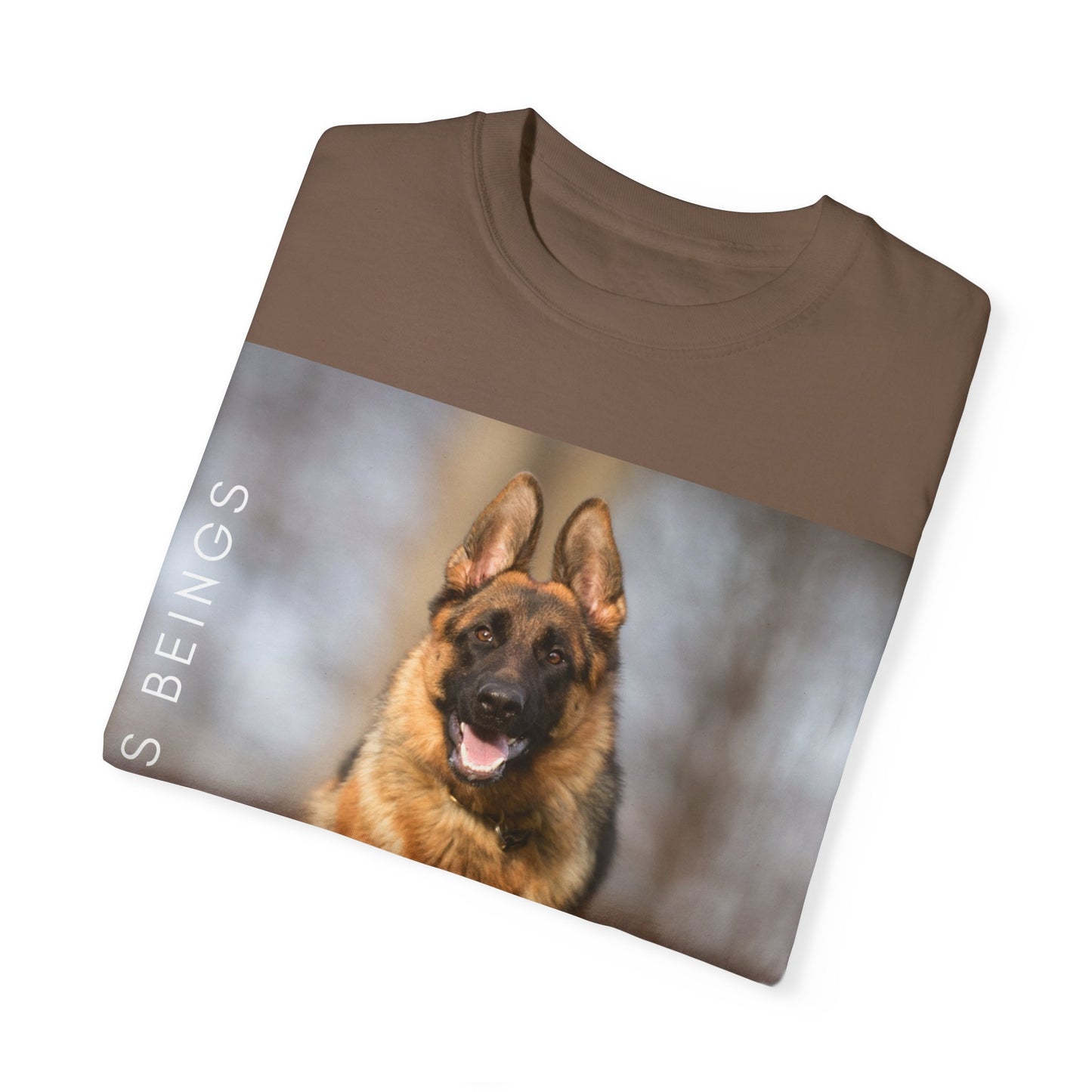 Unisex Dog Lover T-Shirt With Large German Shepherd Running on the Grass and Caption Selfless Beings