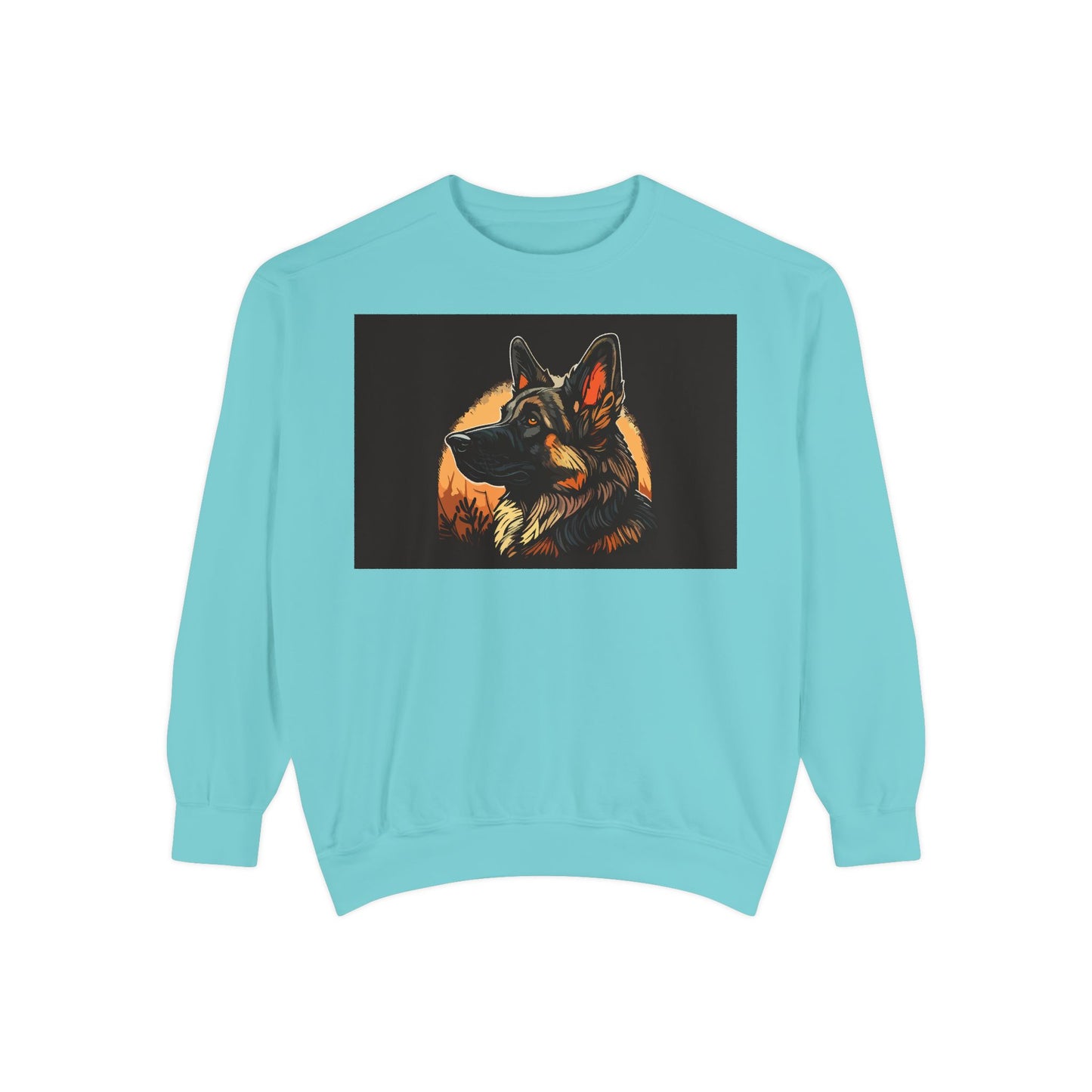 Unisex Dog Lover Sweatshirt With a Close Up Graphic of a German Shepherd In Front of Moon
