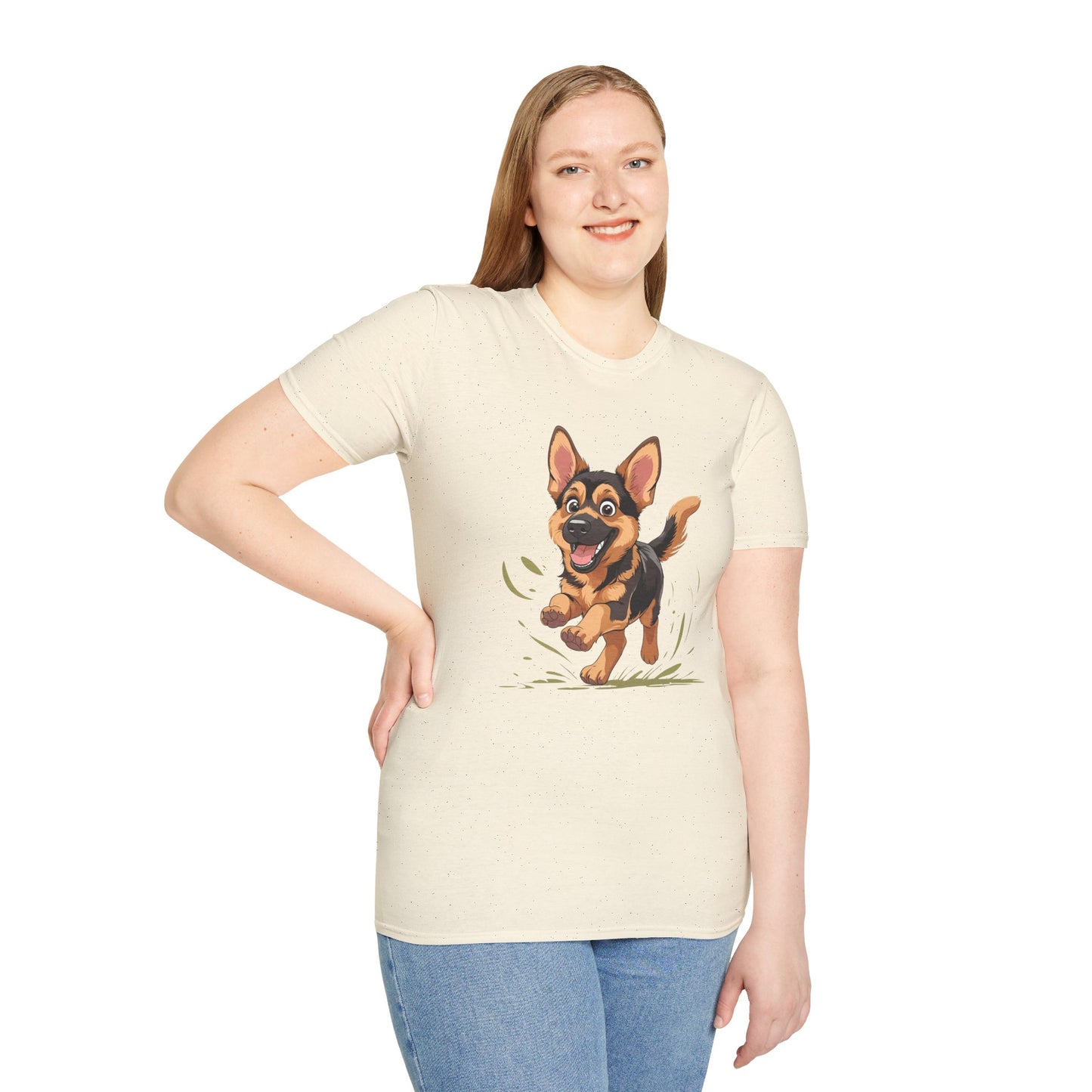 Cute Playing Puppy Graphic Unisex Softstyle T-Shirt, Dog Lover Gift, Casual Wear, Animal Theme Shirt, Perfect for Birthdays, Pet Owners