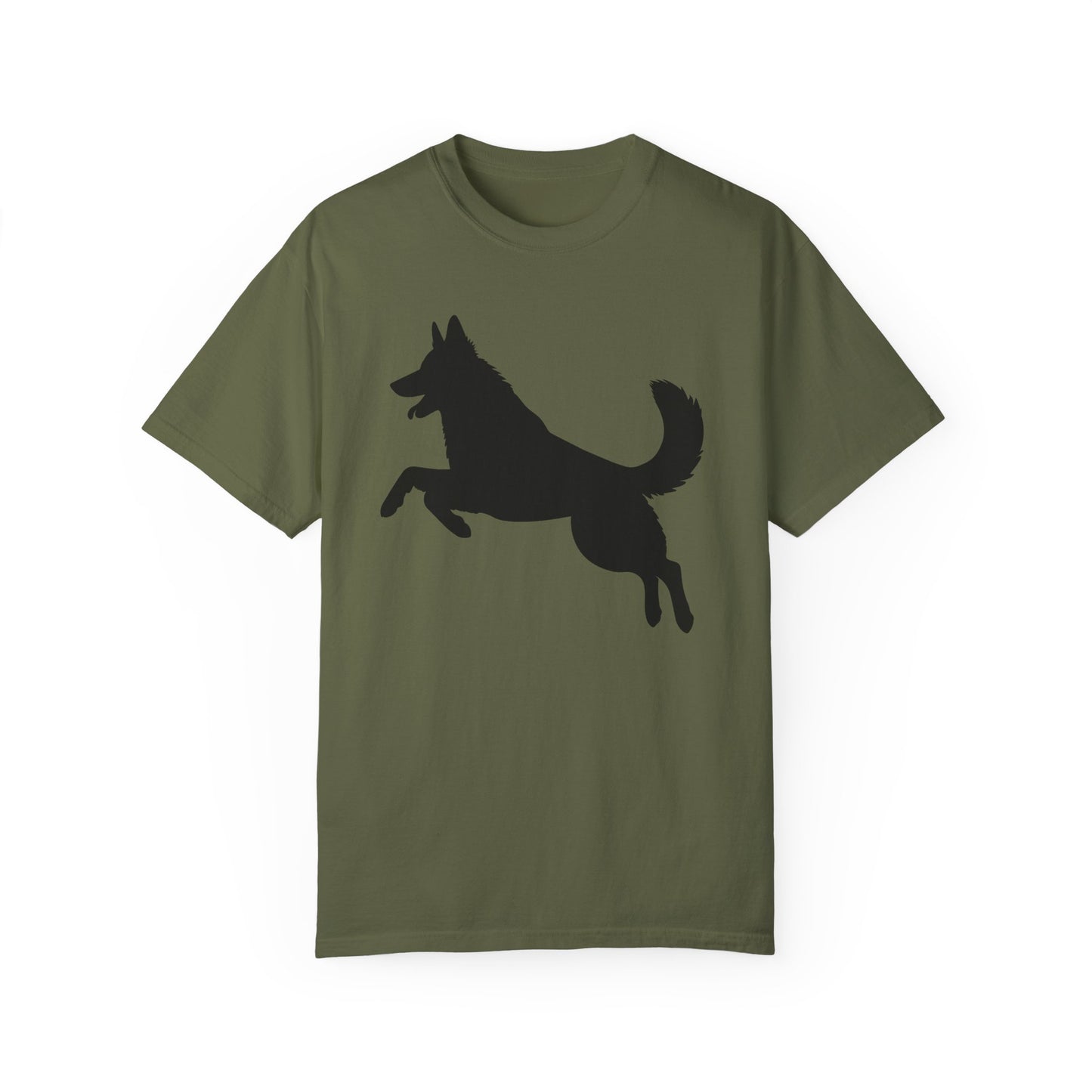 Unisex Dog Lover T-Shirt With a Graphic of Solid Black German Shepherd Jumping in the Air