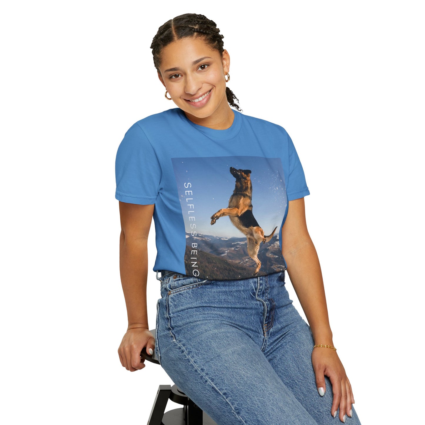 Unisex Dog Lover T-Shirt With a German Shepherd in the Air on Top of Snow Mountain and Caption Selfless Beings