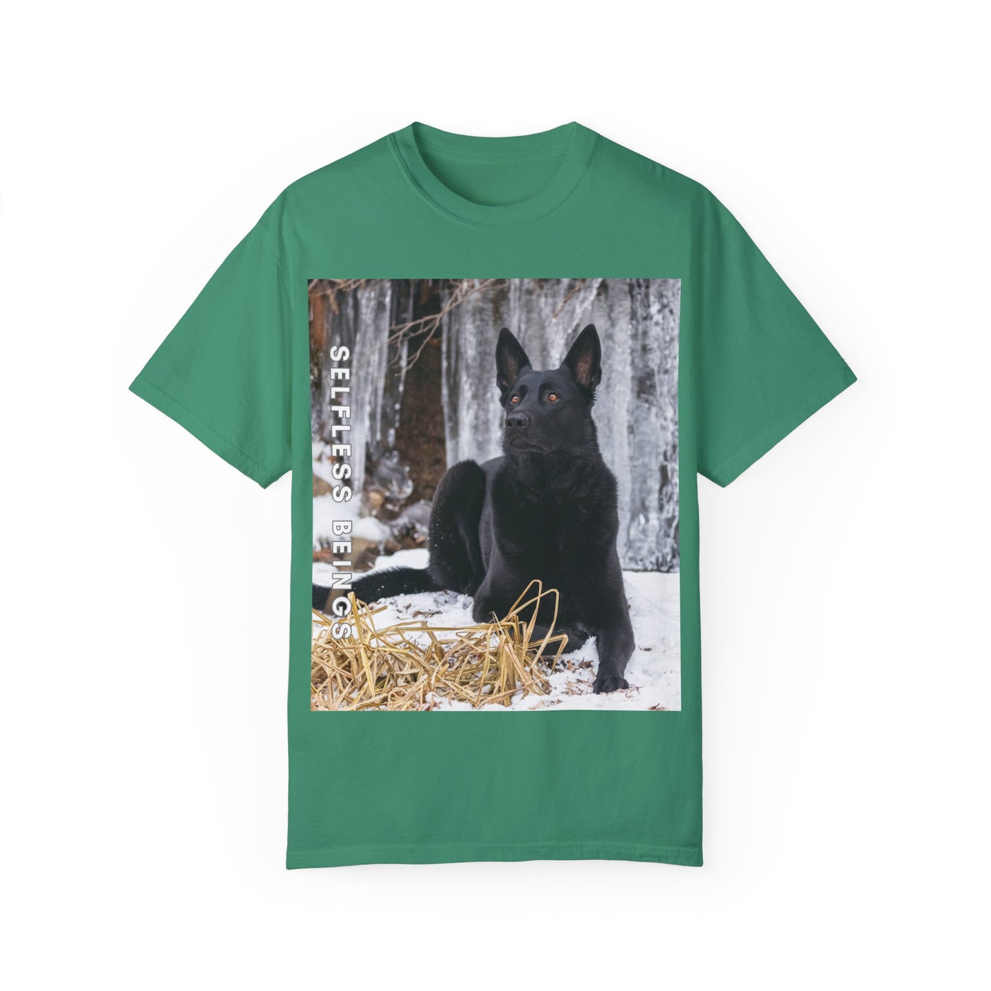 Unisex Dog Lover T-Shirt With Solid Black German Shepherd Sitting on the Snow, Ice Spikes in the Background and Caption Selfless Beings