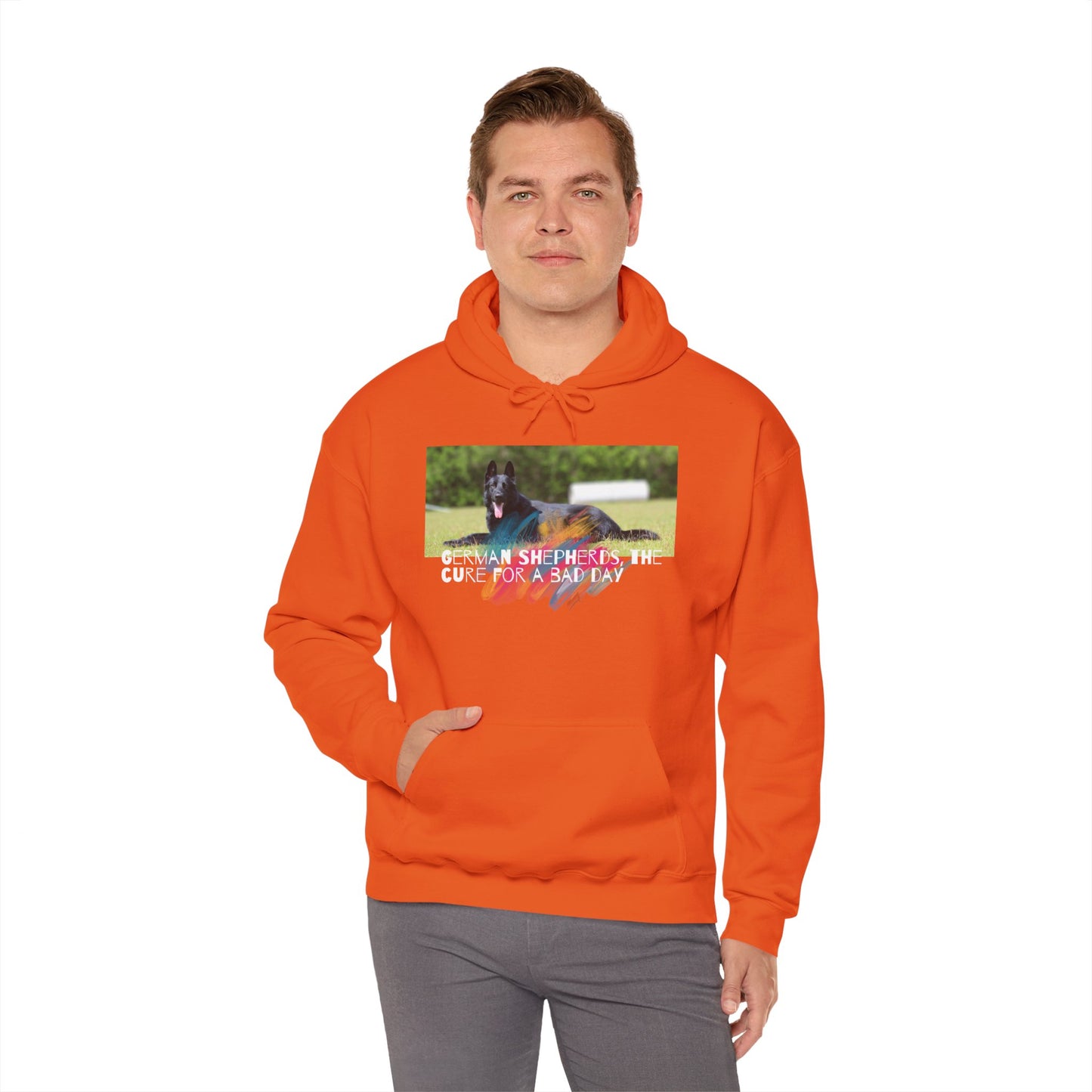 Unisex Dog Lover Hoodie With a Black German Shepherd Leaving Tongue Out and Caption The Cure for Bad Day
