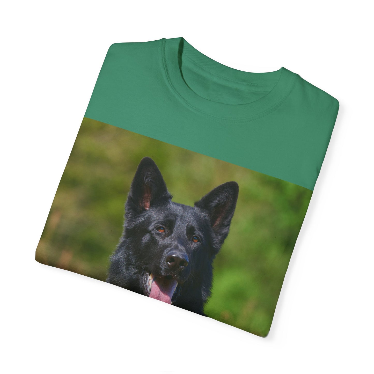 Unisex Dog Lover T-Shirt With Black German Shepherd Resting on the Grass Leaving Tongue Out and Caption Selfless Beings