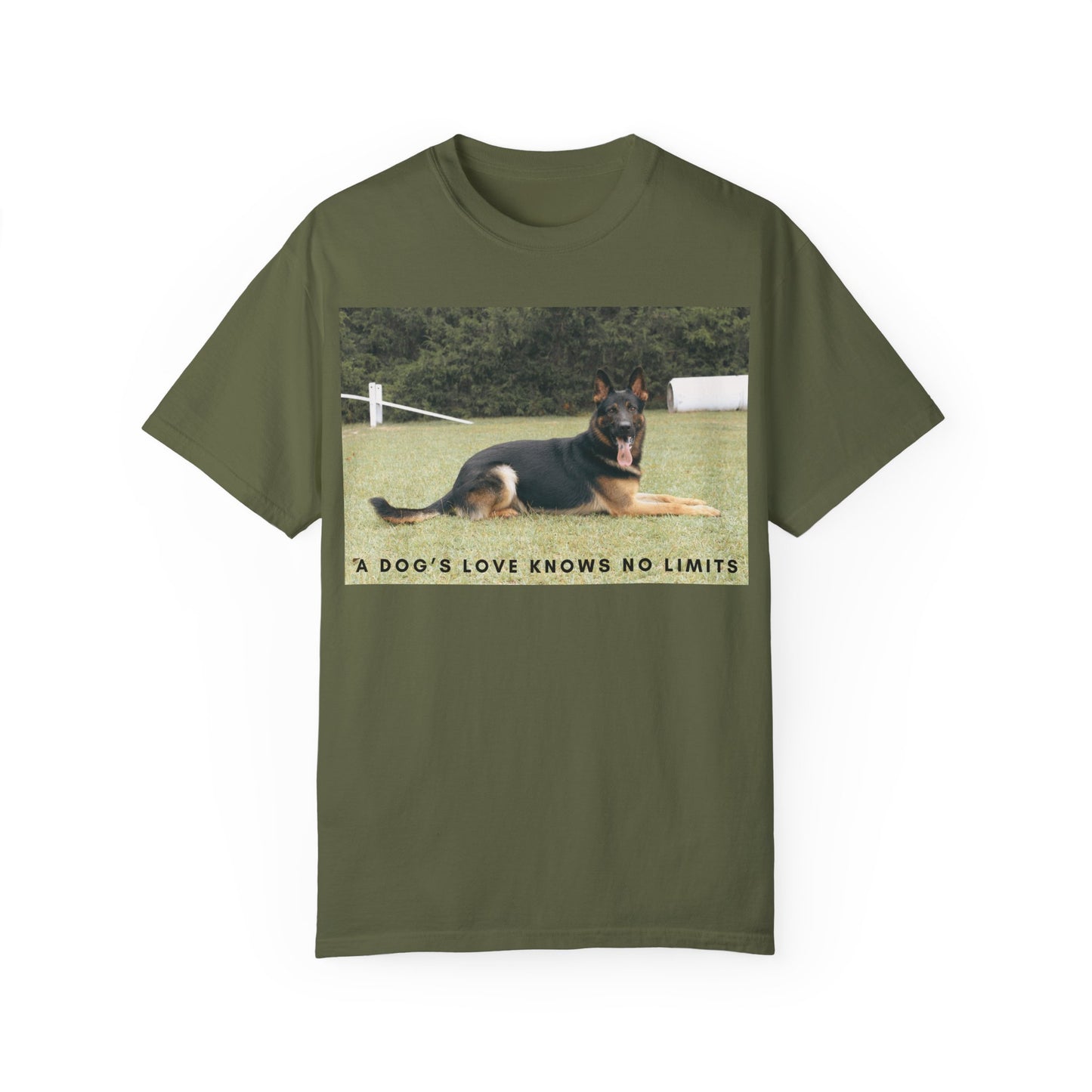 Unisex Dog Lover T-Shirt With a Giant German Shepherd Resting On the Grass Leaving Tongue Out and Text A Dog's Love Knows