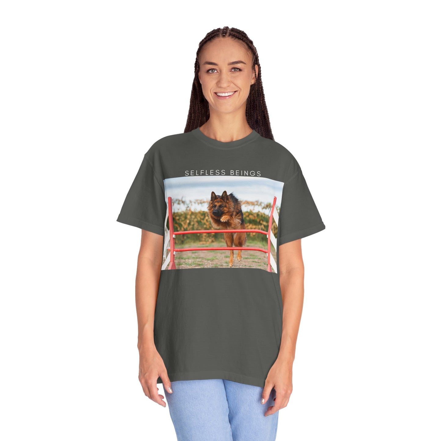 Unisex Dog Lover T-Shirt With a German Shepherd Jumping an Agility Fence Outdoor and Caption Selfless Beings