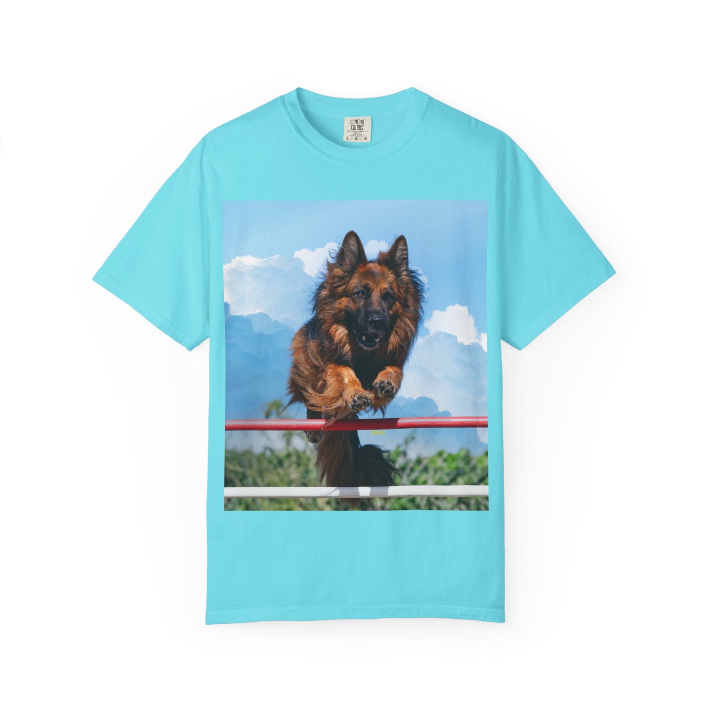 Unisex Dog Lovers T-Shirt Featuring a German Shepherd Jumping An Agility Fence