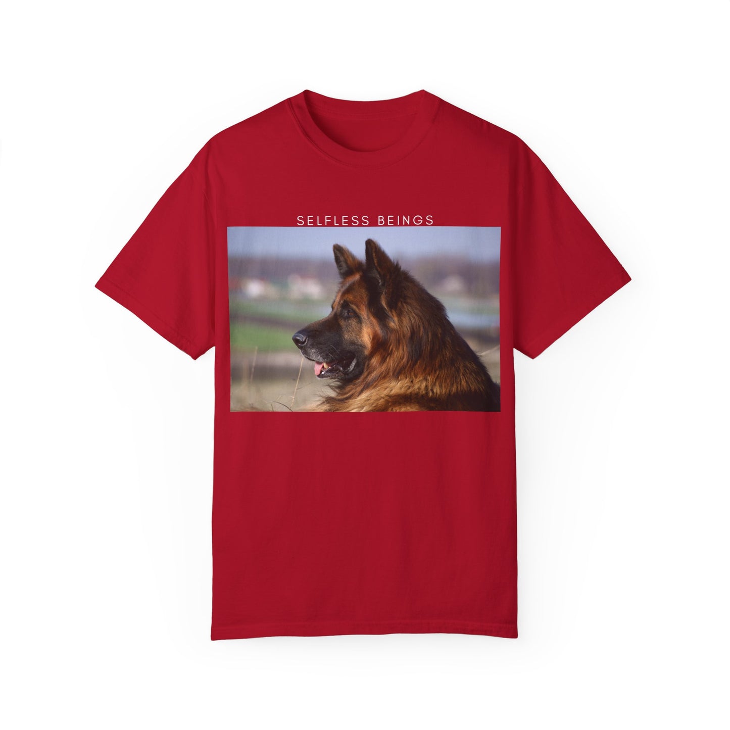 Unisex Dog Lover T-Shirt With Giant Long Coat German Shepherd Looking Straight and Caption Selfless Beings