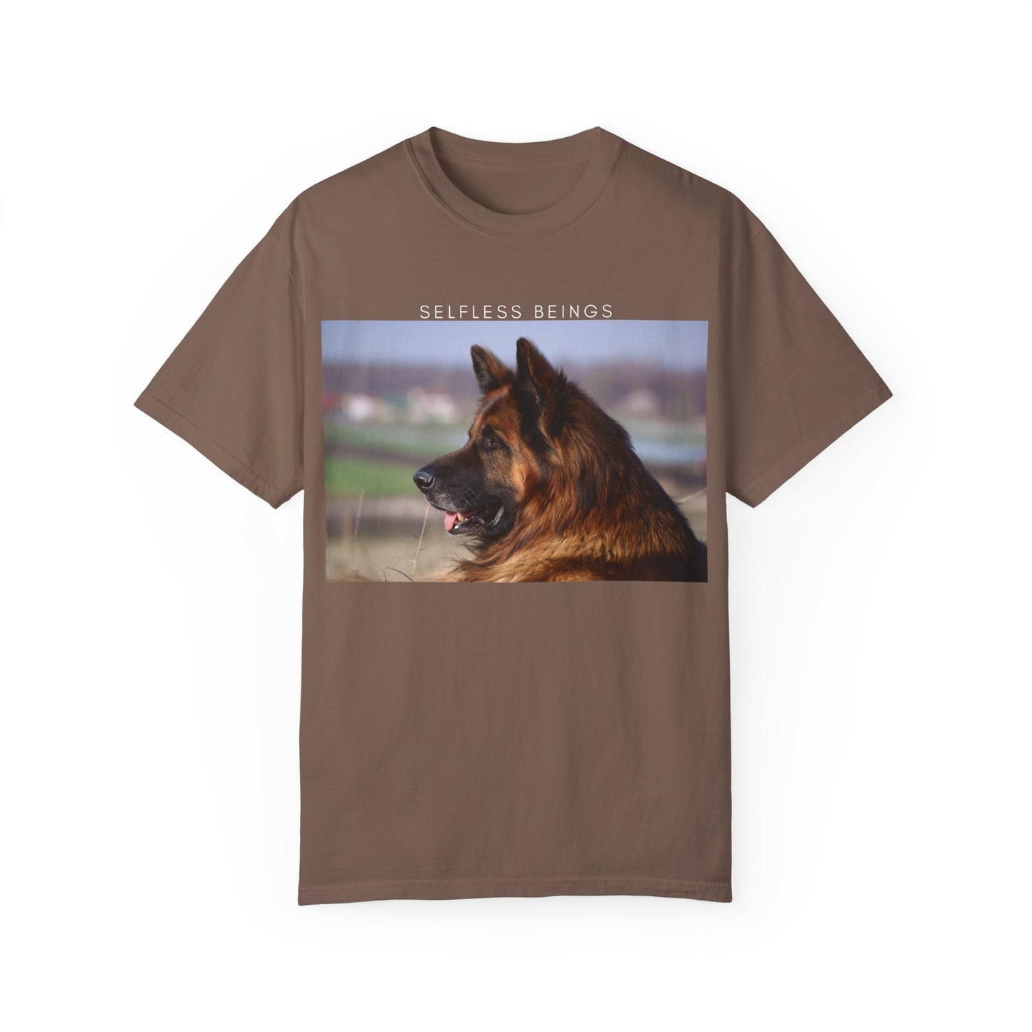 Unisex Dog Lover T-Shirt With Giant Long Coat German Shepherd Looking Straight and Caption Selfless Beings